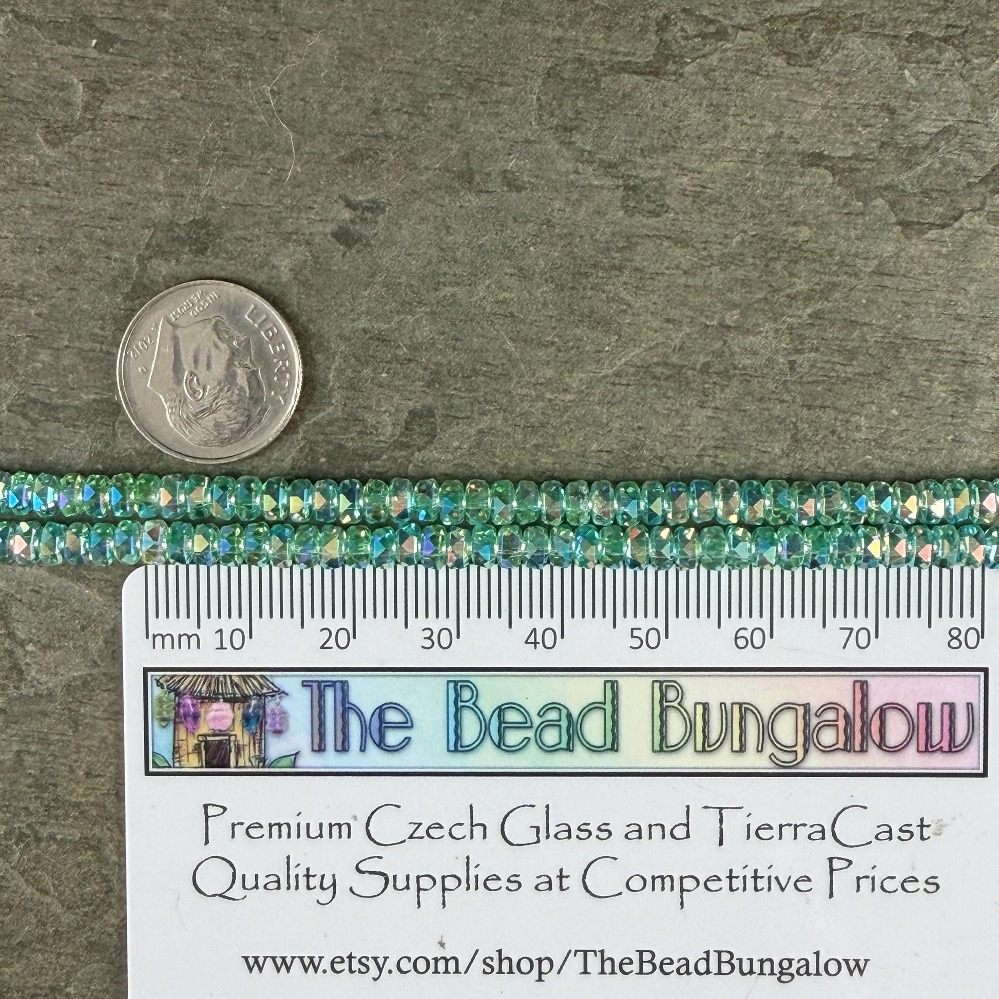 Faceted Glass Beads - 4x2.5mm Heishi Rondelles, Green Aquamarine with AB Finish (GAquaAB) * 7" Strand