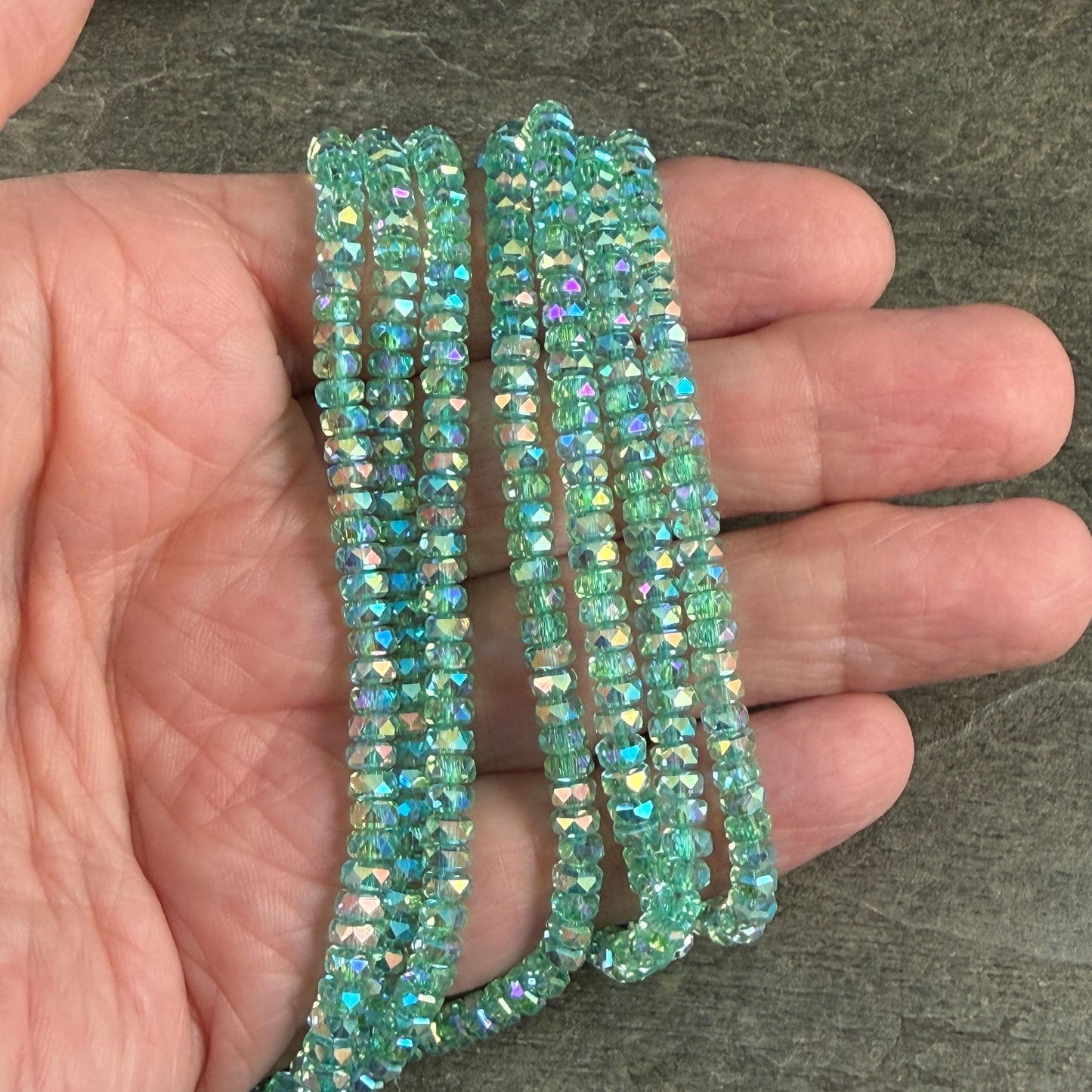Faceted Glass Beads - 4x2.5mm Heishi Rondelles, Green Aquamarine with AB Finish (GAquaAB) * 7" Strand