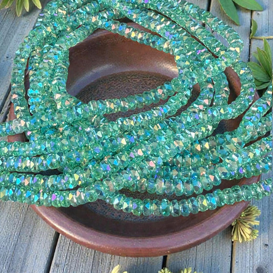 Faceted Glass Beads - 4x2.5mm Heishi Rondelles, Green Aquamarine with AB Finish (GAquaAB) * 7" Strand