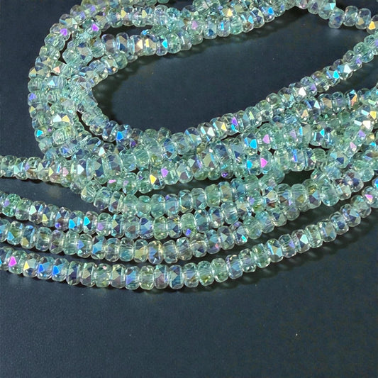 Faceted Glass Beads - 4x2.5mm Heishi Rondelles, Very Light Green with AB Finish (LtGreenAB) * 7" Strand