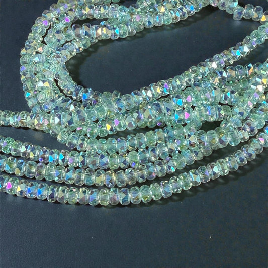 Faceted Glass Beads - 4x2.5mm Heishi Rondelles, Very Light Green with AB Finish (LtGreenAB) * 7" Strand