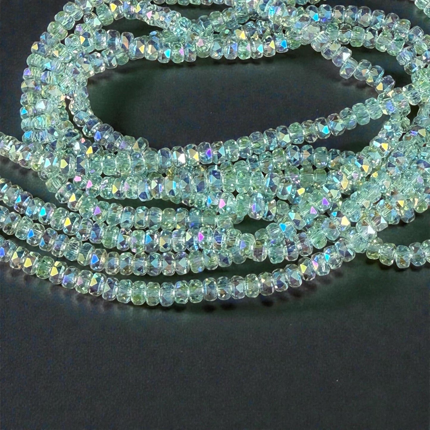 Faceted Glass Beads - 4x2.5mm Heishi Rondelles, Very Light Green with AB Finish (LtGreenAB) * 7" Strand