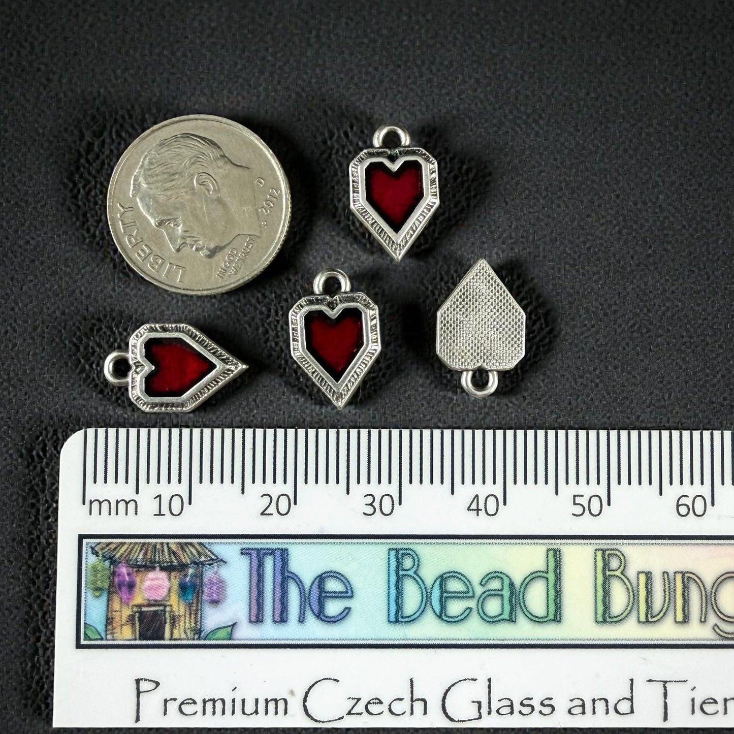 Antiqued Silver Heart Charm with Red Enamel, Silver Plated Zamak (PF/539-77) * Qty. 6