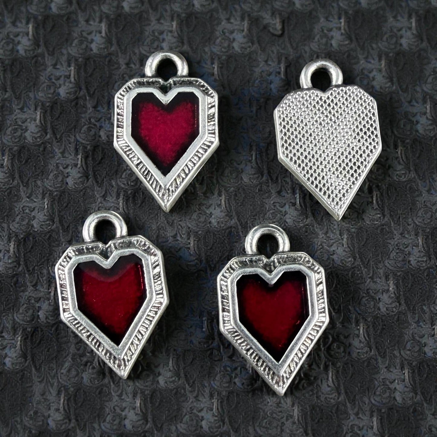 Antiqued Silver Heart Charm with Red Enamel, Silver Plated Zamak (PF/539-77) * Qty. 6