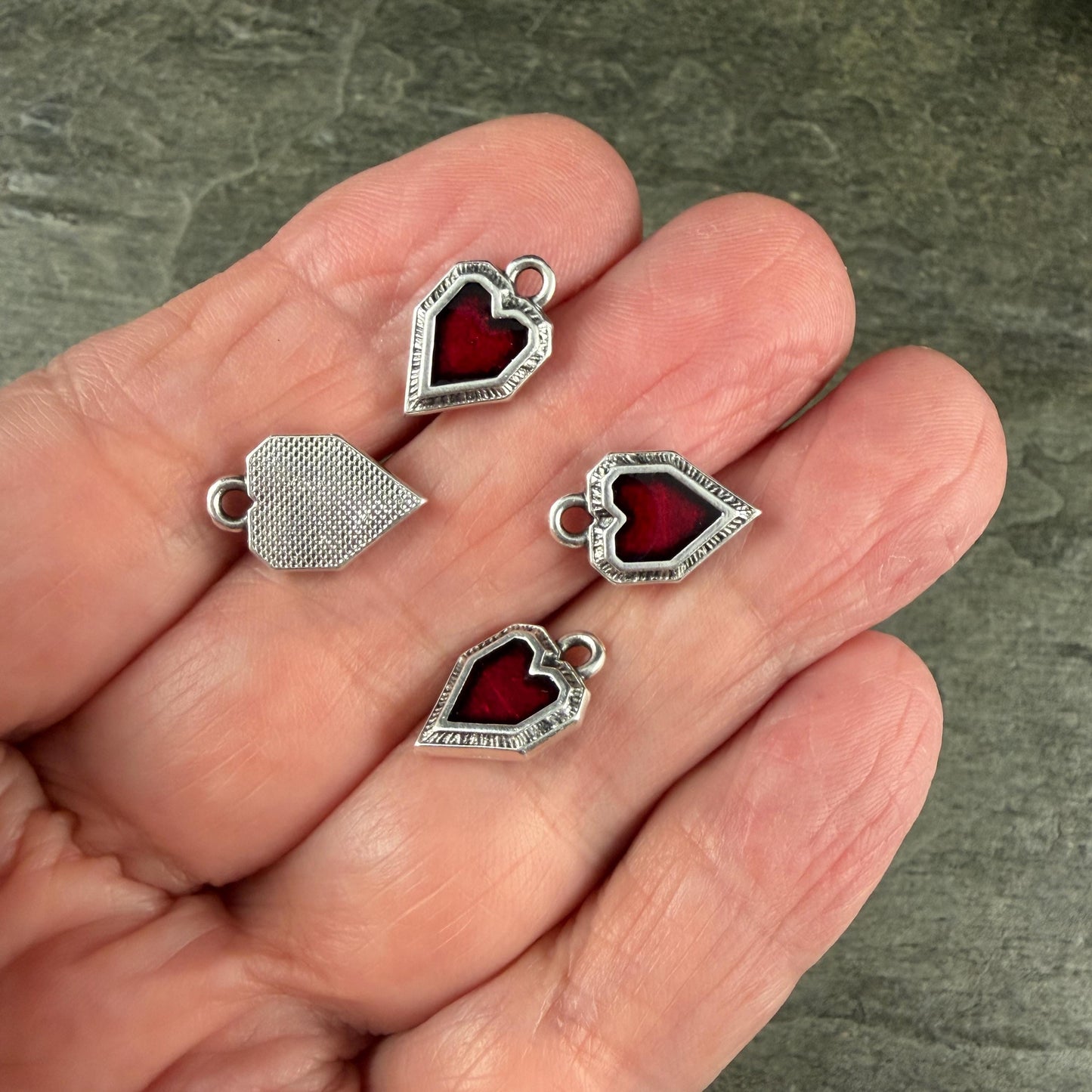 Antiqued Silver Heart Charm with Red Enamel, Silver Plated Zamak (PF/539-77) * Qty. 2