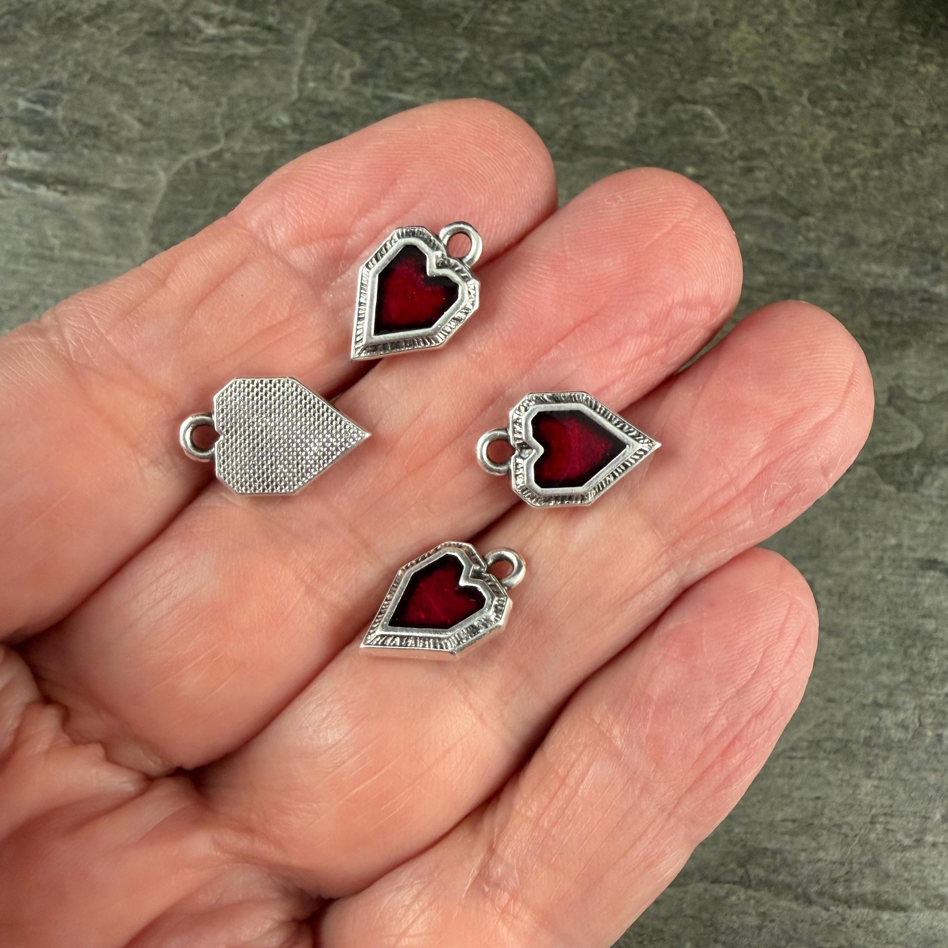 Antiqued Silver Heart Charm with Red Enamel, Silver Plated Zamak (PF/539-77) * Qty. 2