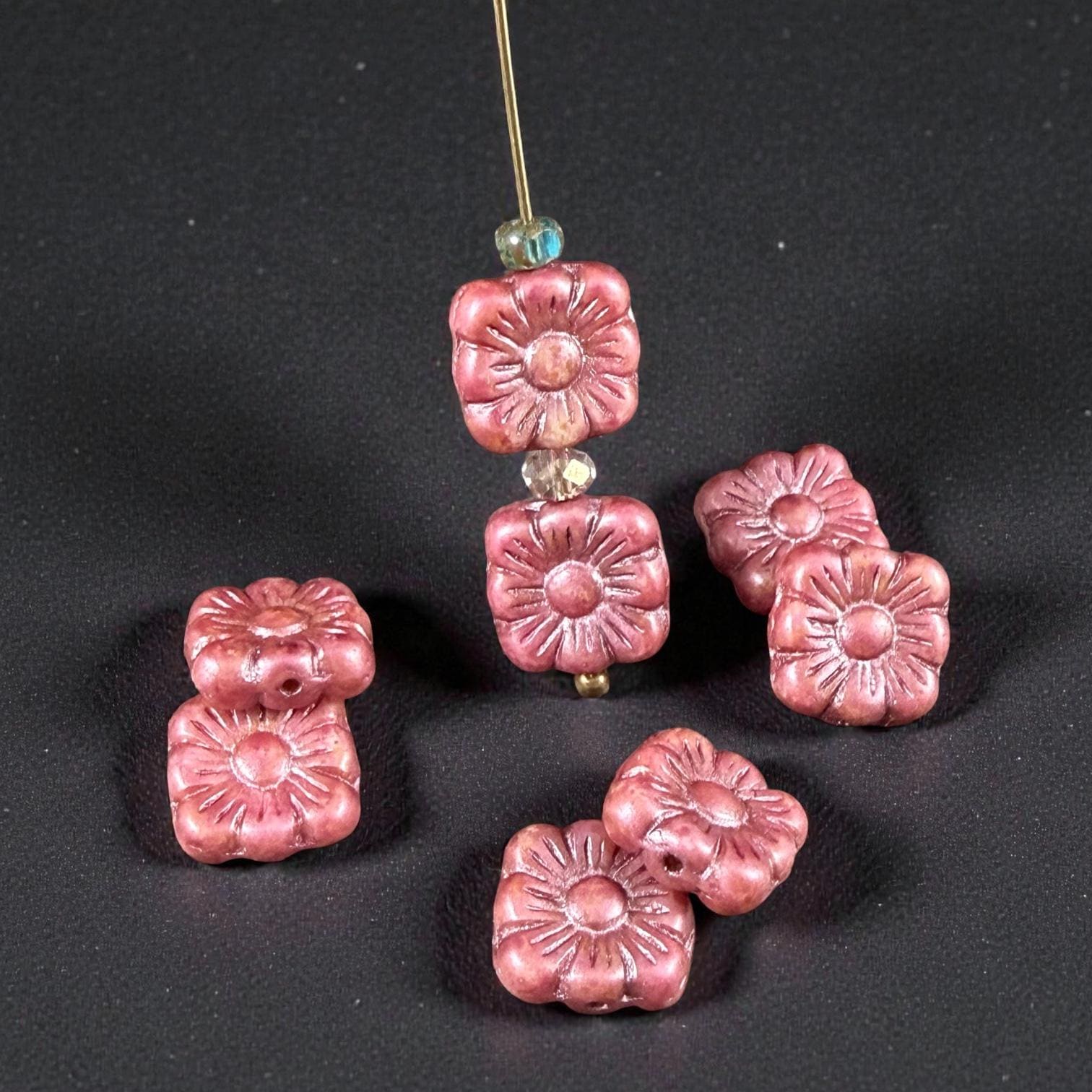 Czech Glass Beads - 10mm Zinnea Square, Red Flower Bead with Copper Wash (Zsq12) * Qty. 13