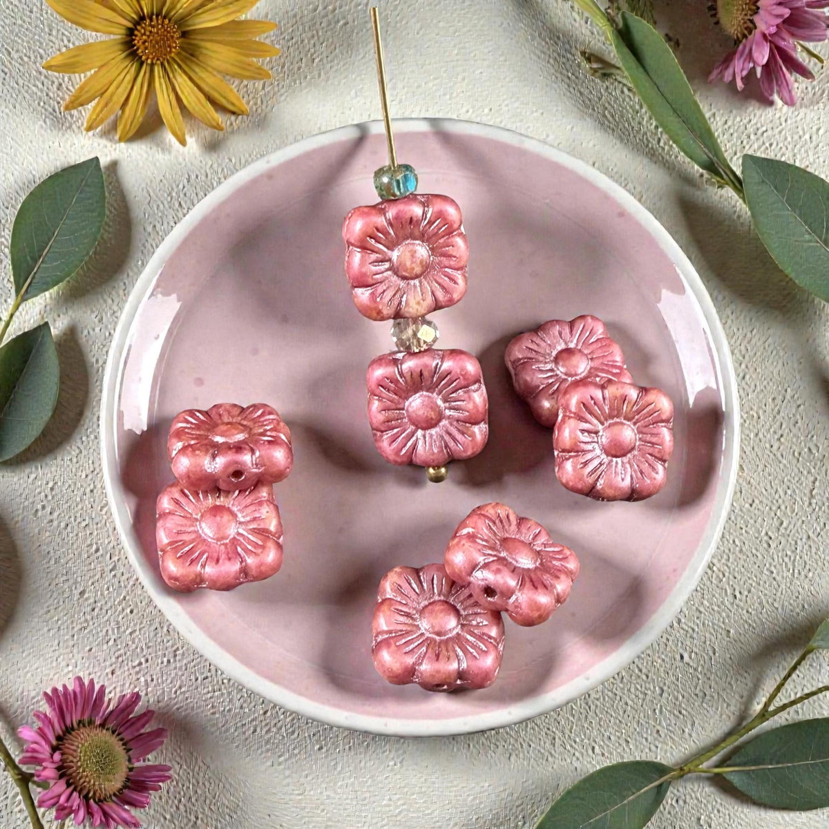 Czech Glass Beads - 10mm Zinnea Square, Red Flower Bead with Copper Wash (Zsq12) * Qty. 13