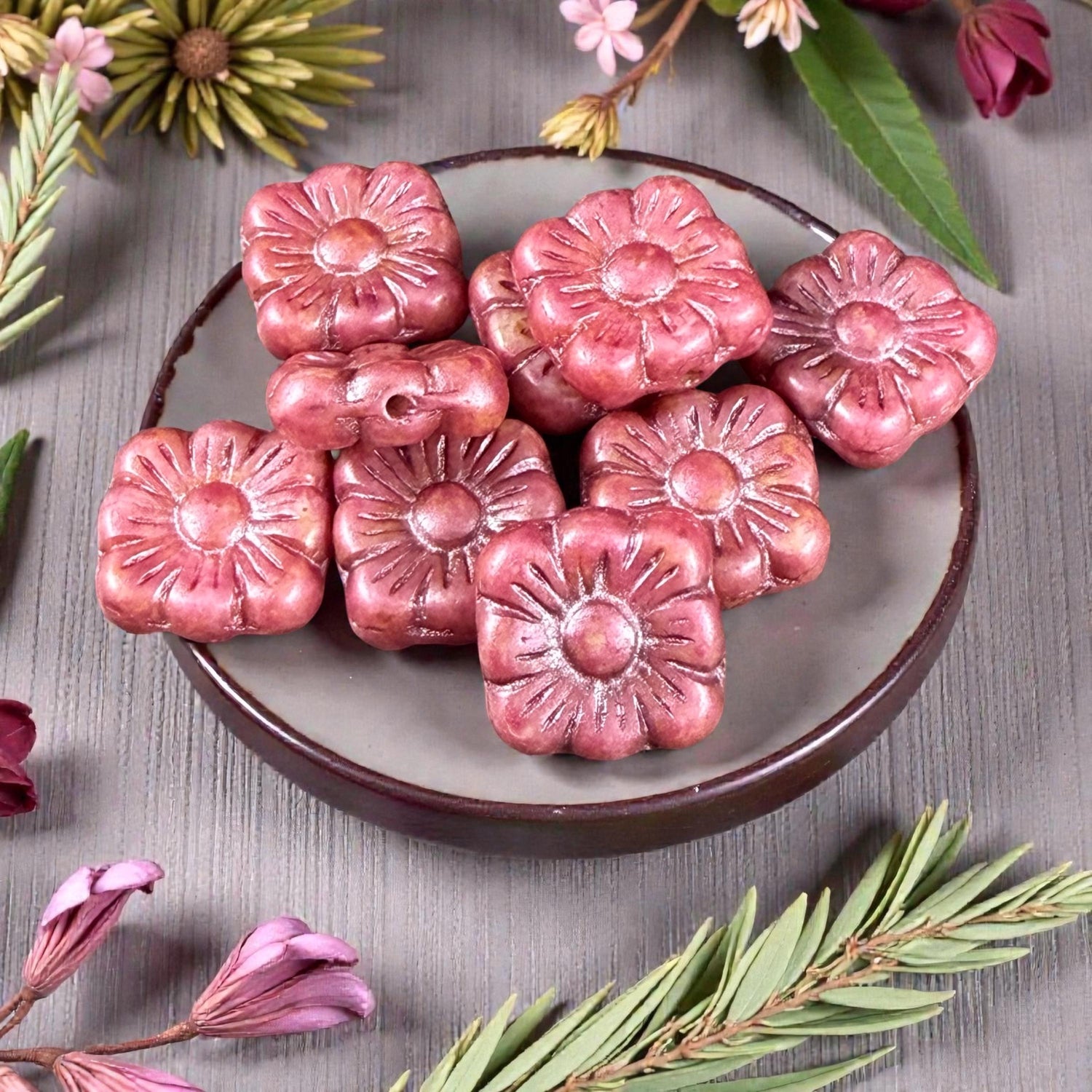 Czech Glass Beads - 10mm Zinnea Square, Red Flower Bead with Copper Wash (Zsq12) * Qty. 13