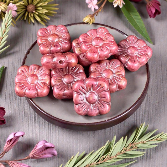 Czech Glass Beads - 10mm Zinnea Square, Red Flower Bead with Copper Wash (Zsq12) * Qty. 13