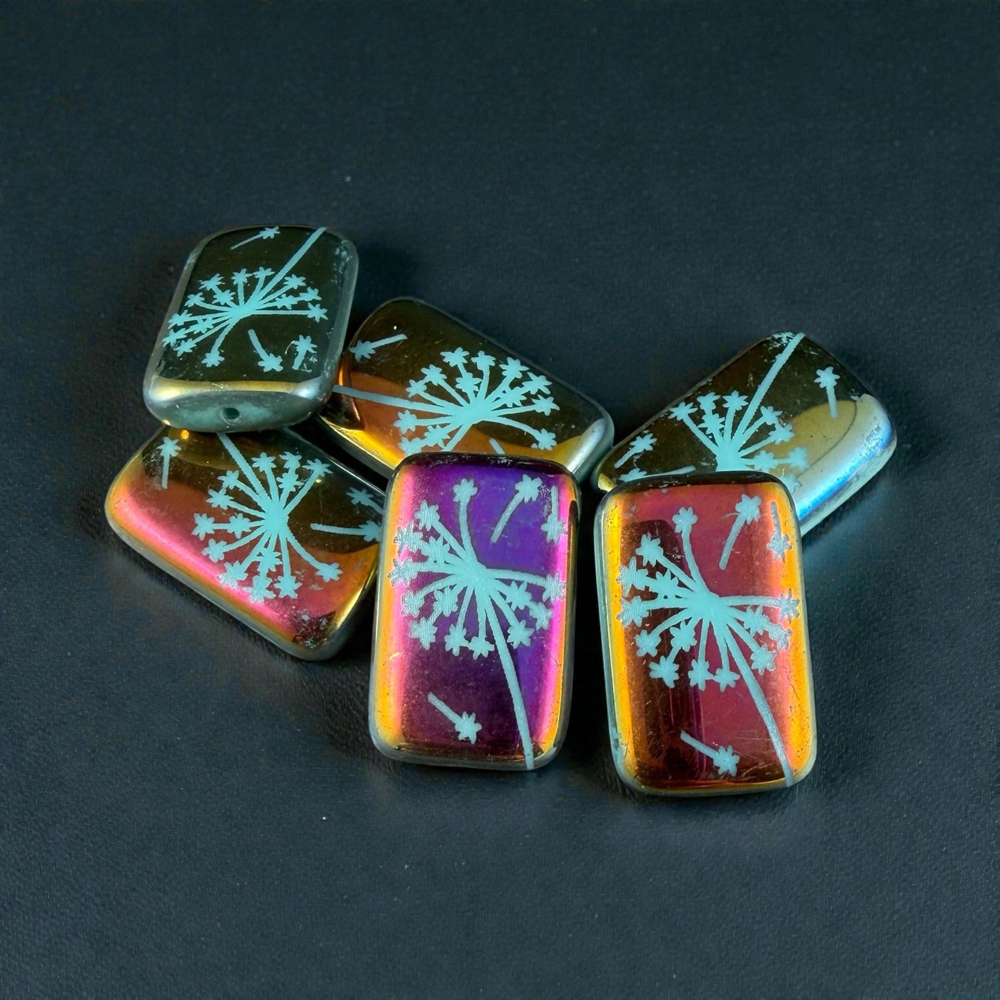 Czech Glass - 19x12mm Laser Etched Rectangle, Dandelion Wish Flower (LTPG-533) * 6 Beads