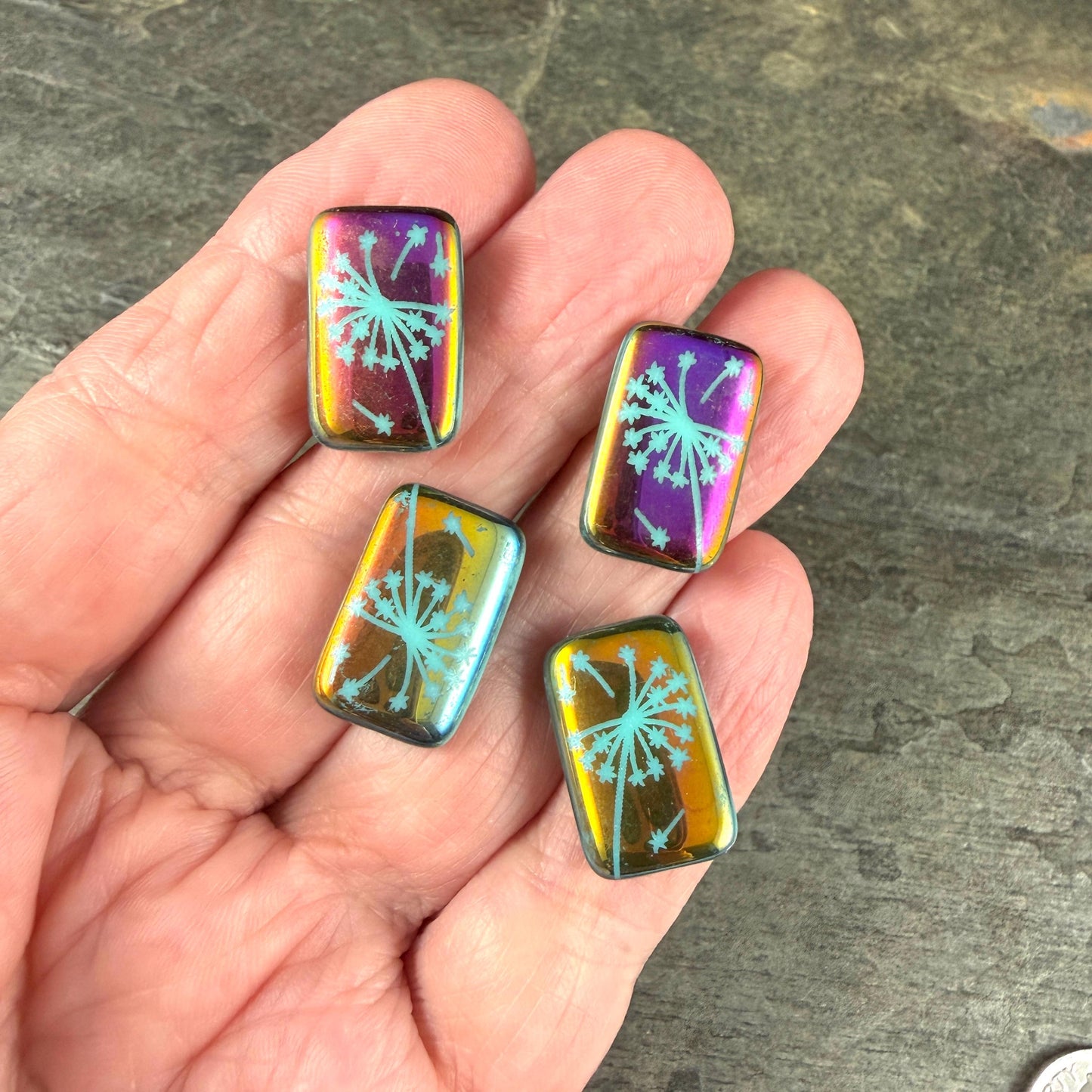 Czech Glass - 19x12mm Laser Etched Rectangle, Dandelion Wish Flower (LTPG-533) * 6 Beads