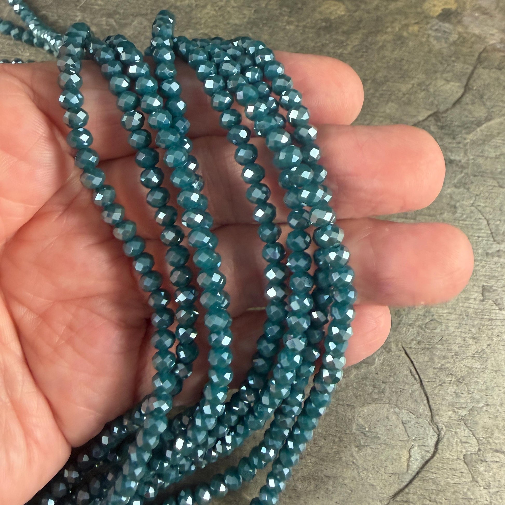 4x3mm Faceted Glass Beads, Opaque Teal Rondelles (DkTeal-4) * 14" Strand