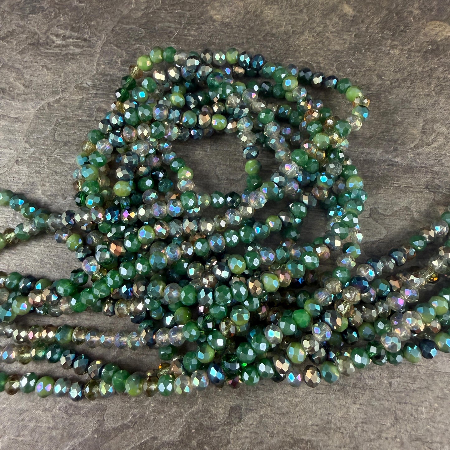 4x3mm Faceted Glass Beads, Mixed Green, Bead Soup (MixedGreens-4) * 13" Strand