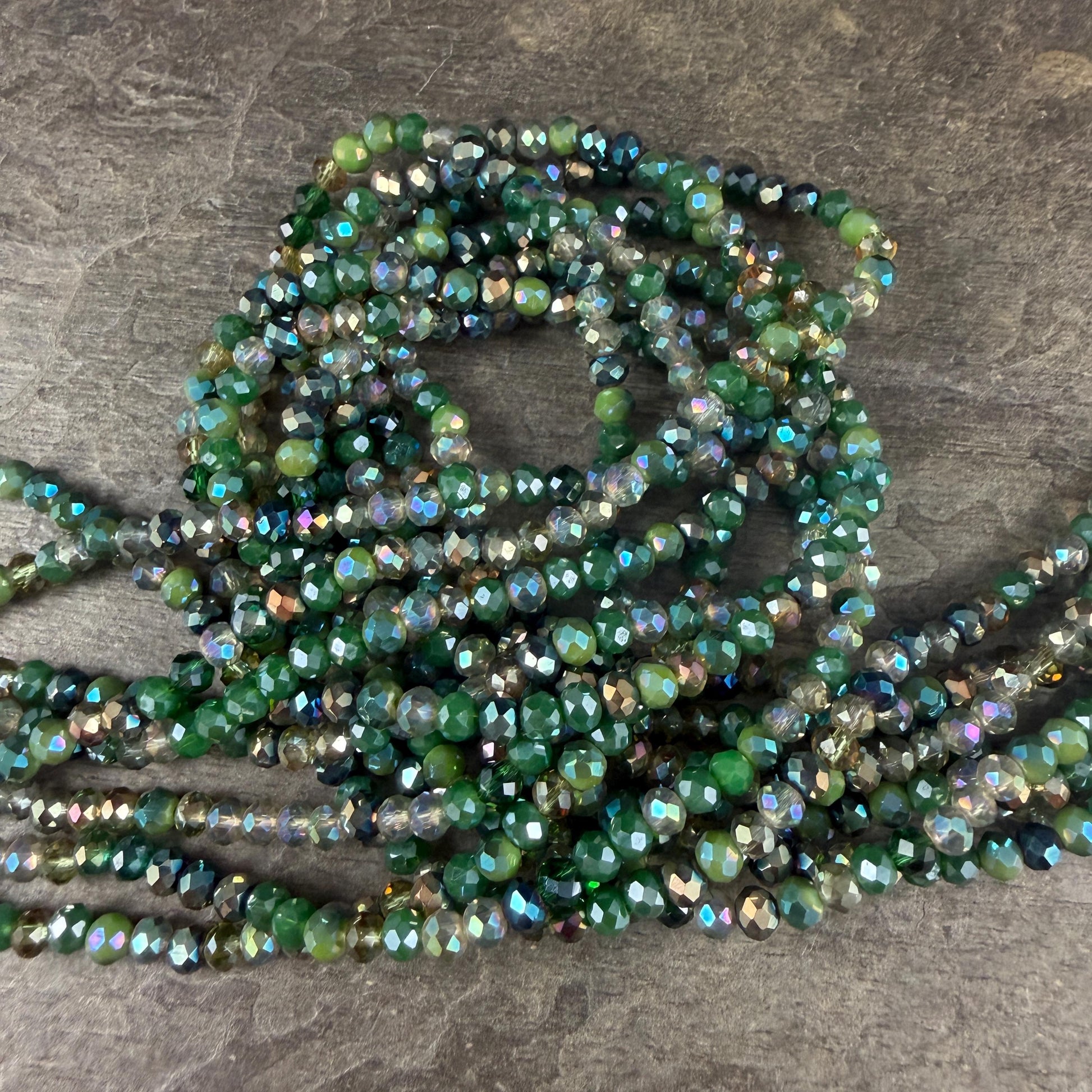 4x3mm Faceted Glass Beads, Mixed Green, Bead Soup (MixedGreens-4) * 13" Strand