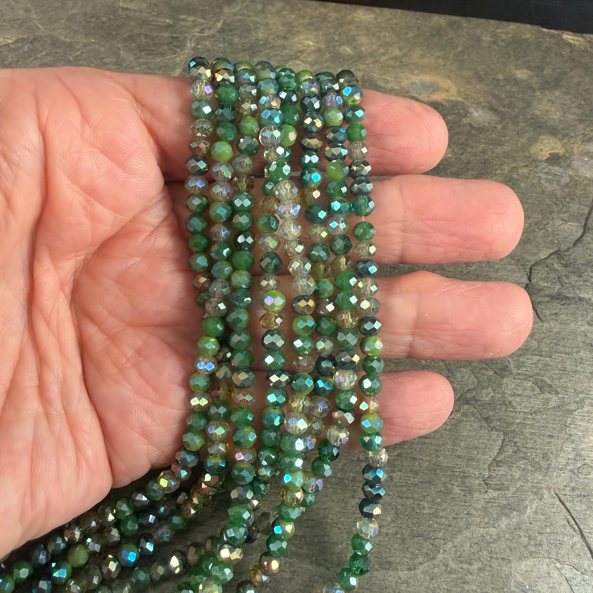 4x3mm Faceted Glass Beads, Mixed Green, Bead Soup (MixedGreens-4) * 13" Strand