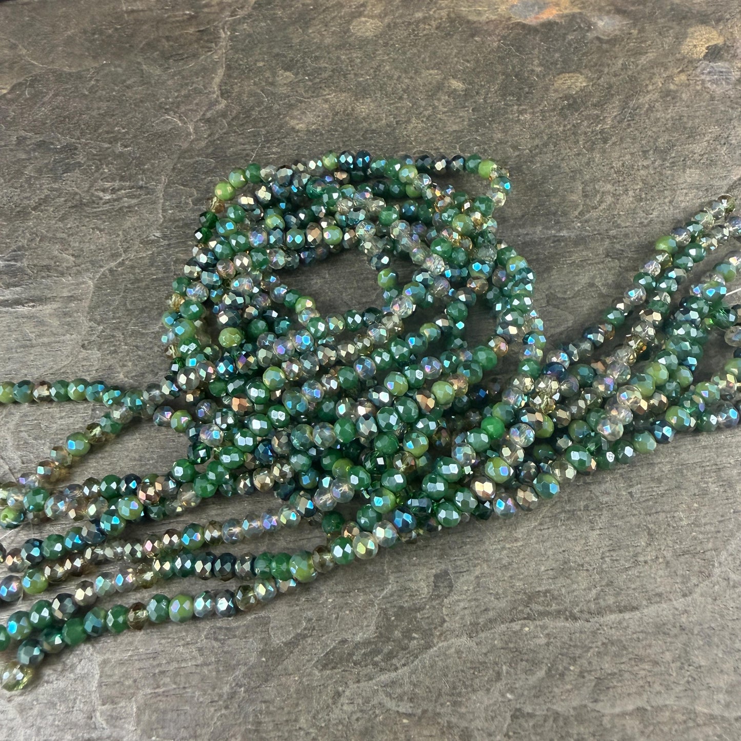 4x3mm Faceted Glass Beads, Mixed Green, Bead Soup (MixedGreens-4) * 13" Strand