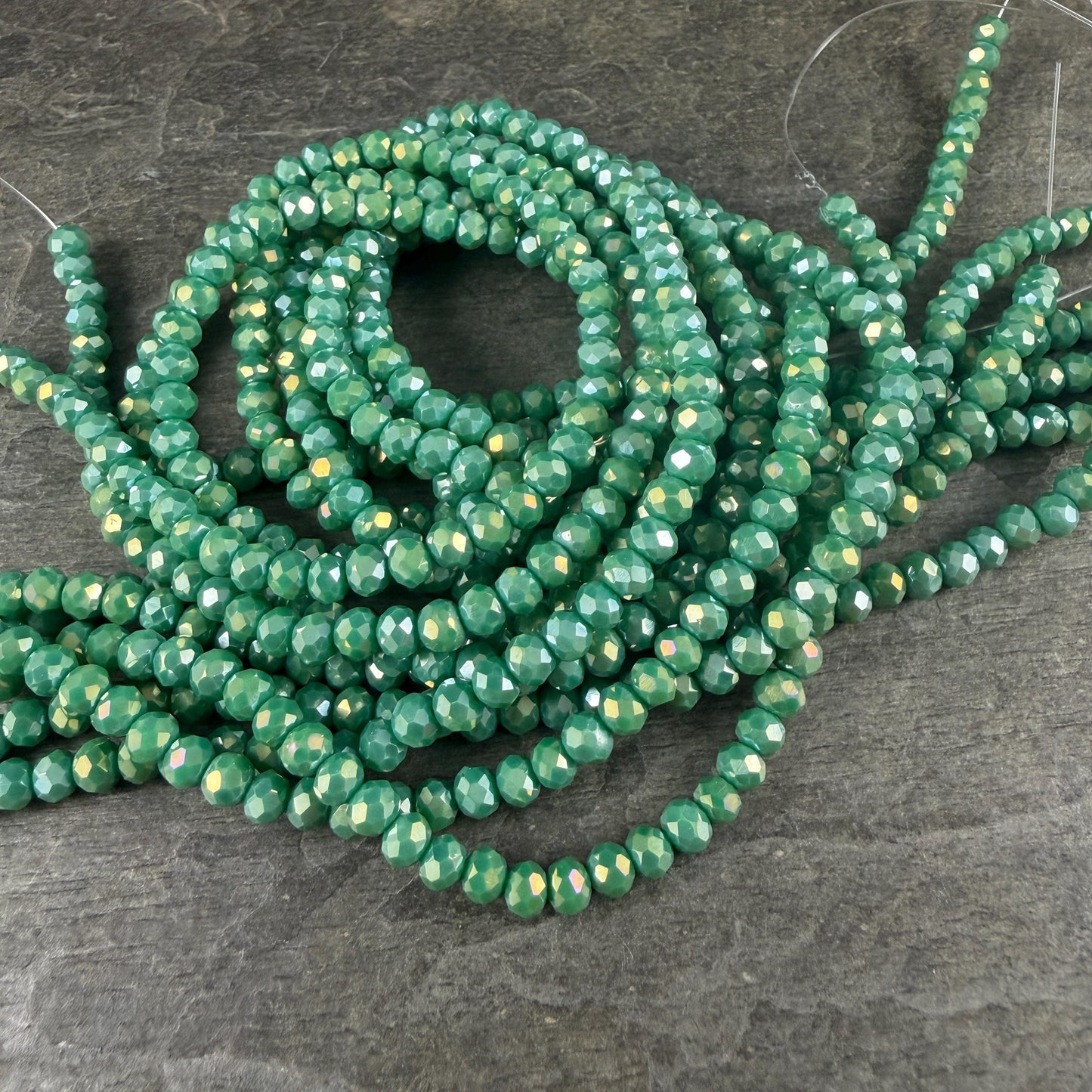4.5x3.5mm Faceted Glass Beads, Opaque Spring Green with AB Finish (SprGreenAB-4) * 12" Strand