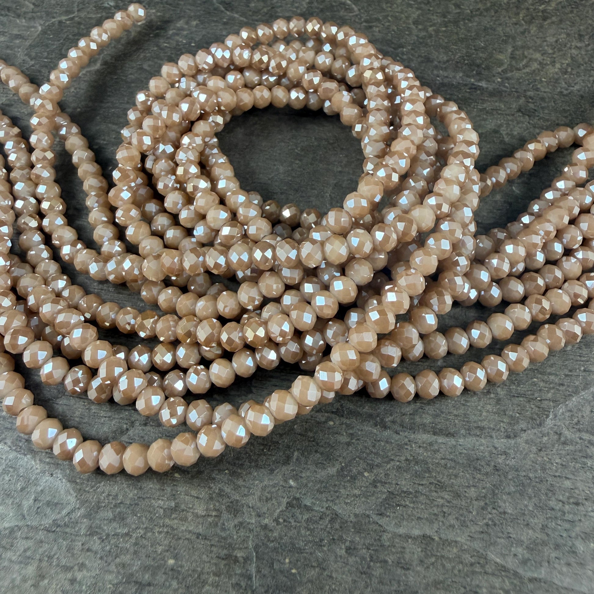 4x3mm Faceted Glass Beads, Light Tan with AB Finish (LtTanAB-4) * 14" Strand
