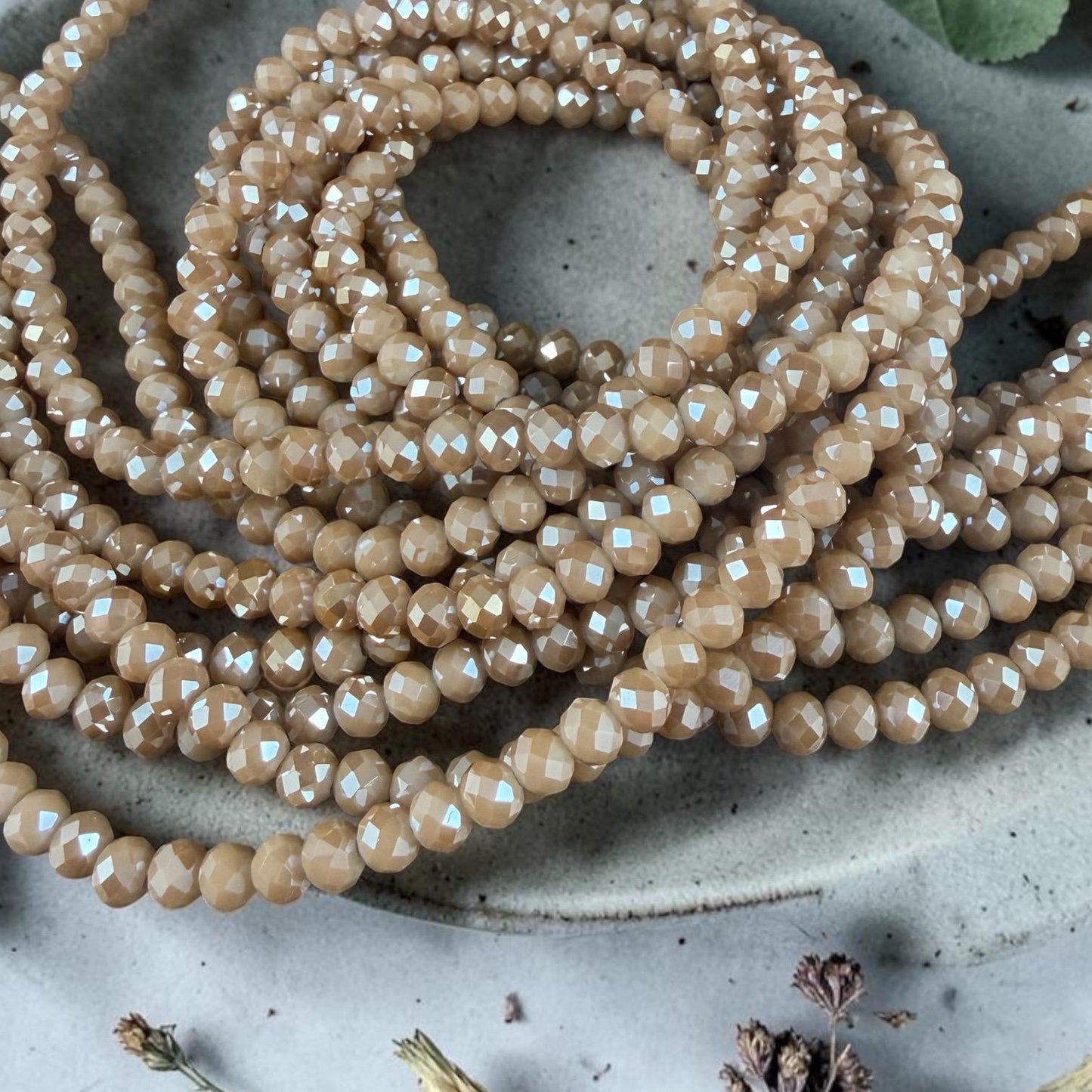 4x3mm Faceted Glass Beads, Light Tan with AB Finish (LtTanAB-4) * 14" Strand