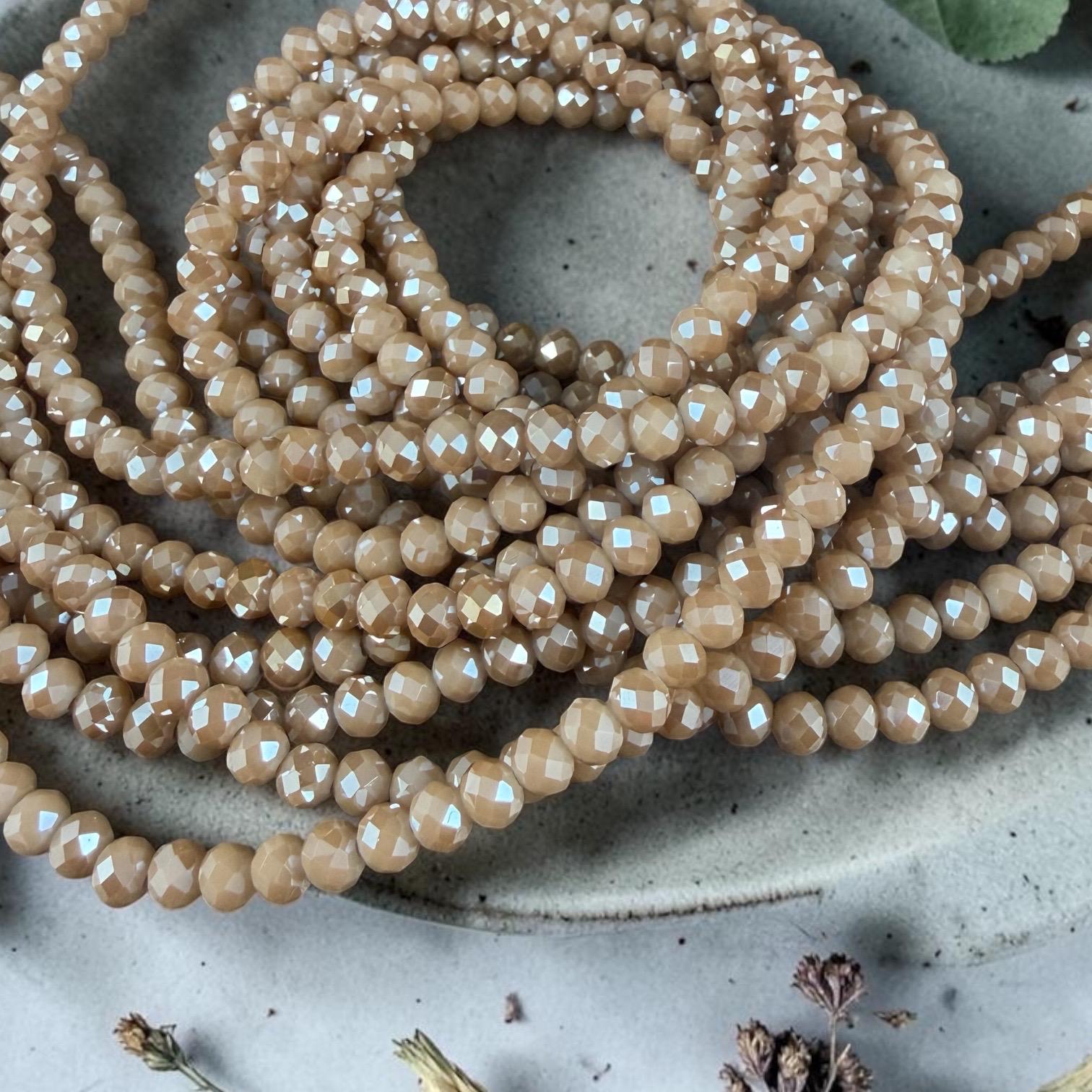 4x3mm Faceted Glass Beads, Light Tan with AB Finish (LtTanAB-4) * 14" Strand