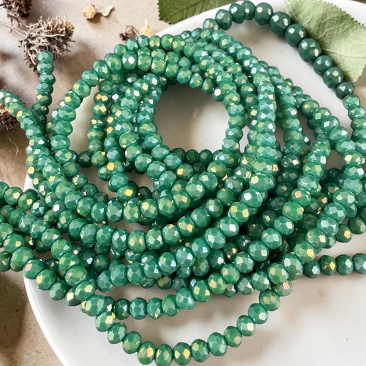 4.5x3.5mm Faceted Glass Beads, Opaque Spring Green with AB Finish (SprGreenAB-4) * 12" Strand