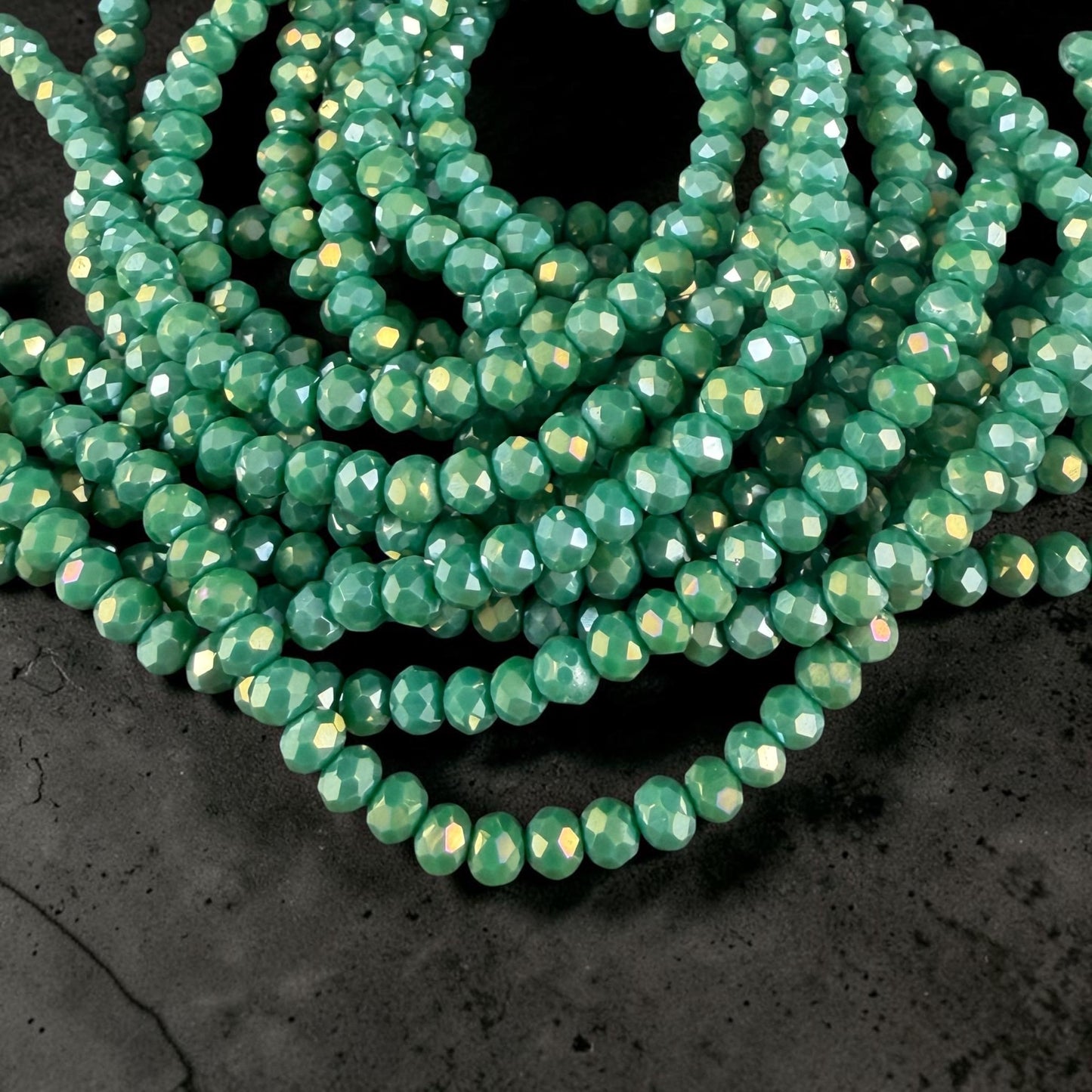 4.5x3.5mm Faceted Glass Beads, Opaque Spring Green with AB Finish (SprGreenAB-4) * 12" Strand