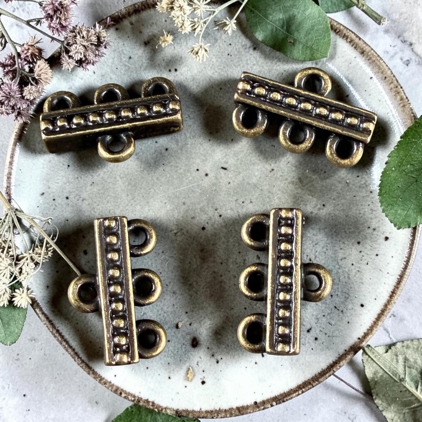 TierraCast Beaded 3 to 1 Link, Multi-Strand Connector Antiqued Brass Plated (PF/659-57) * Qty. 4