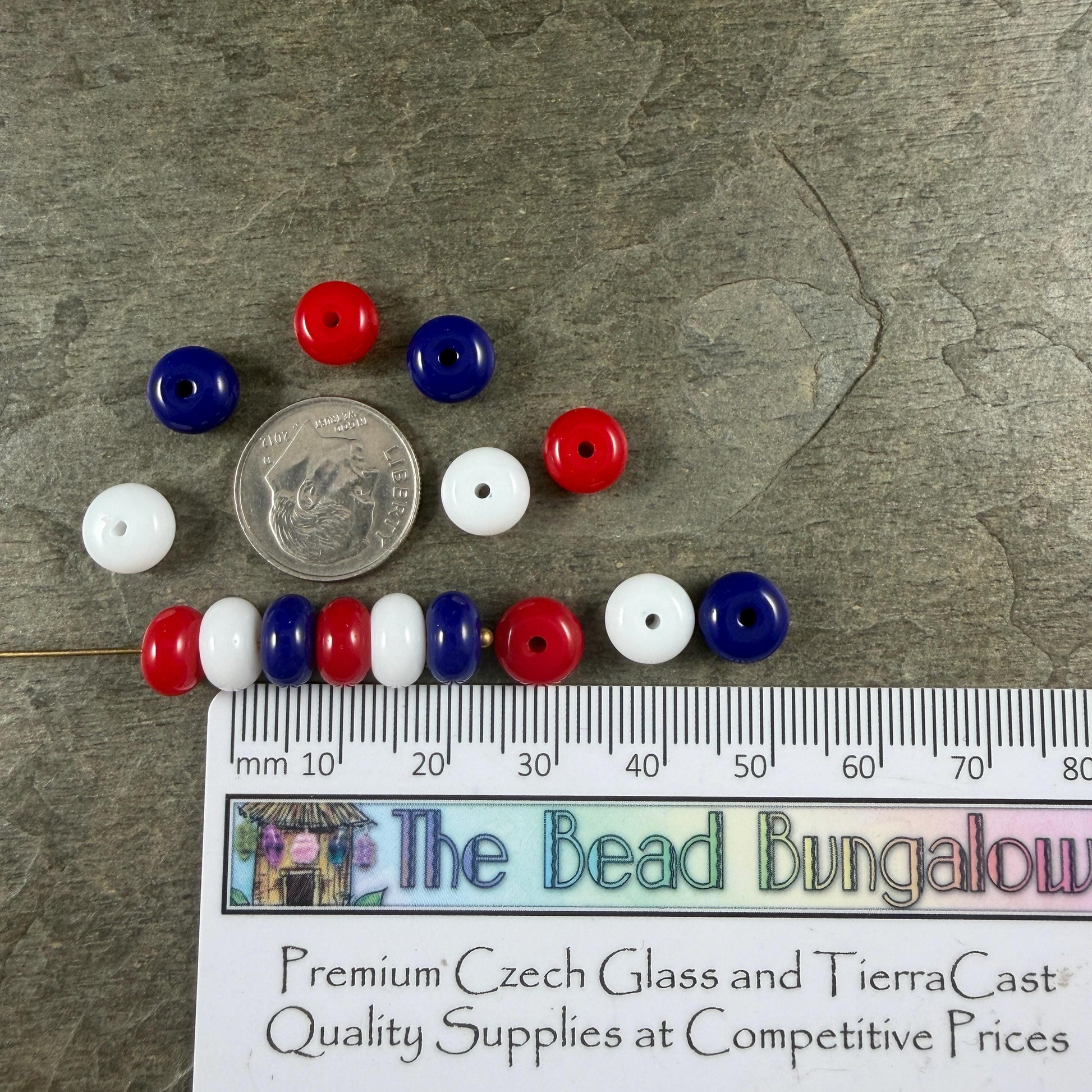 Patriotic Red, White and Blue Bead Mix, 8x5mm Opaque Glass Rondelles - 36 Beads - 7" Strand