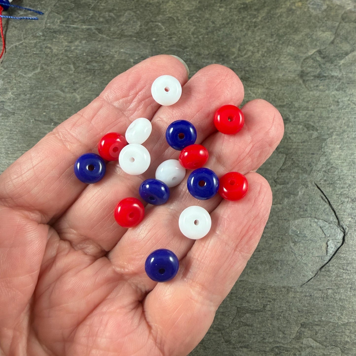 Patriotic Red, White and Blue Bead Mix, 8x5mm Opaque Glass Rondelles - 36 Beads - 7" Strand