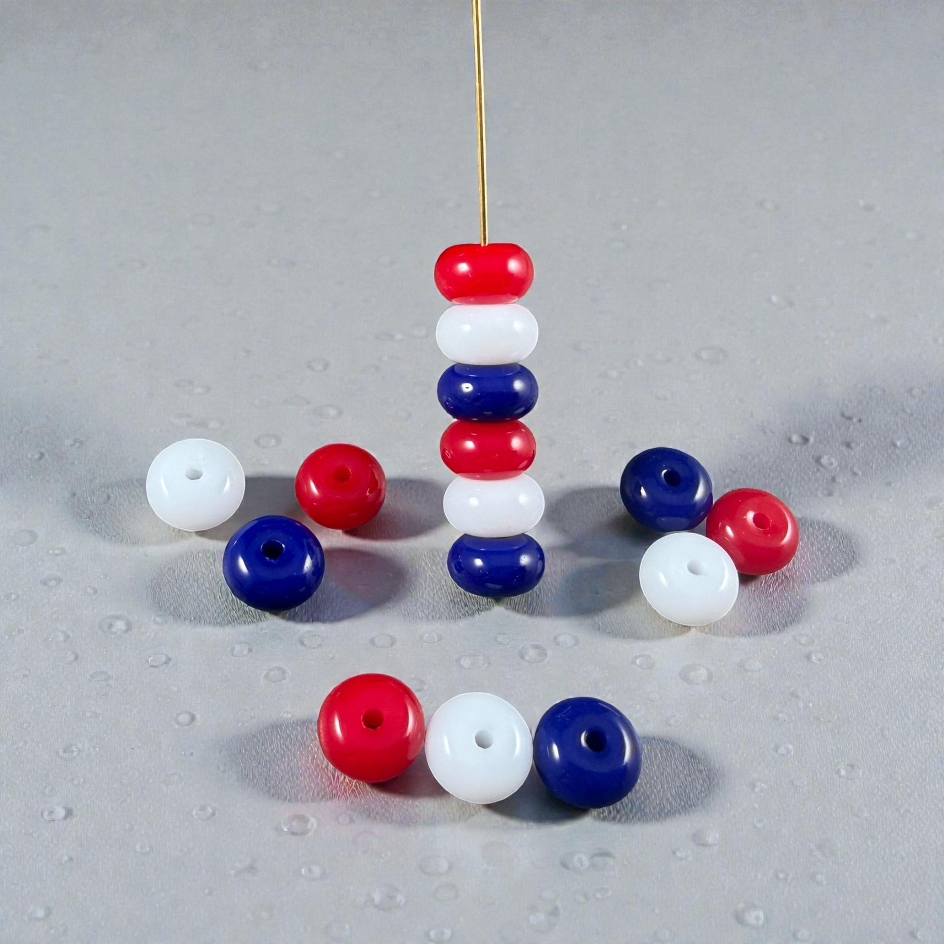 Patriotic Red, White and Blue Bead Mix, 8x5mm Opaque Glass Rondelles - 36 Beads - 7" Strand