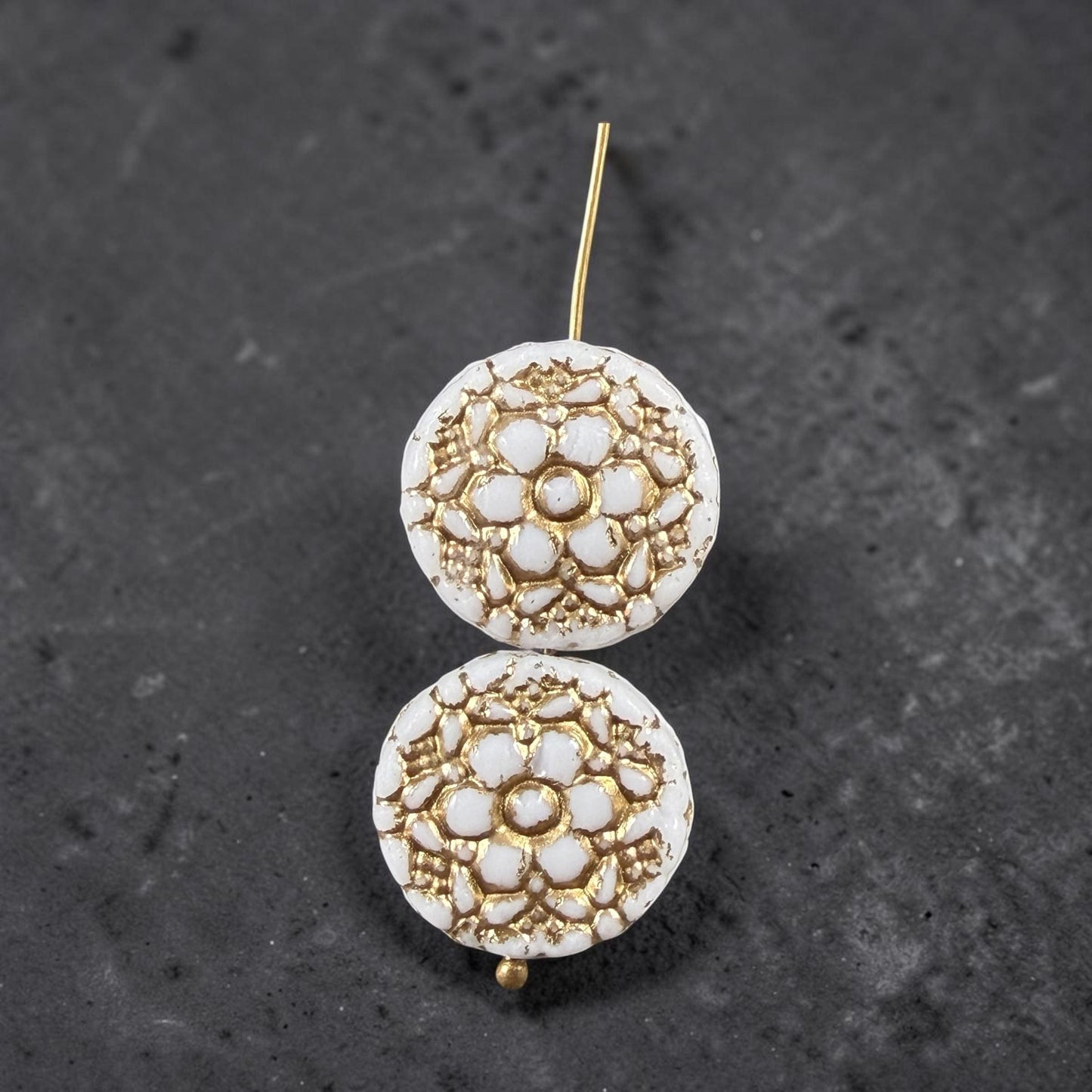 Czech Glass Beads - 18mm Coin with Floral Design, White with Gold Wash (Posy6) * Qty. 4