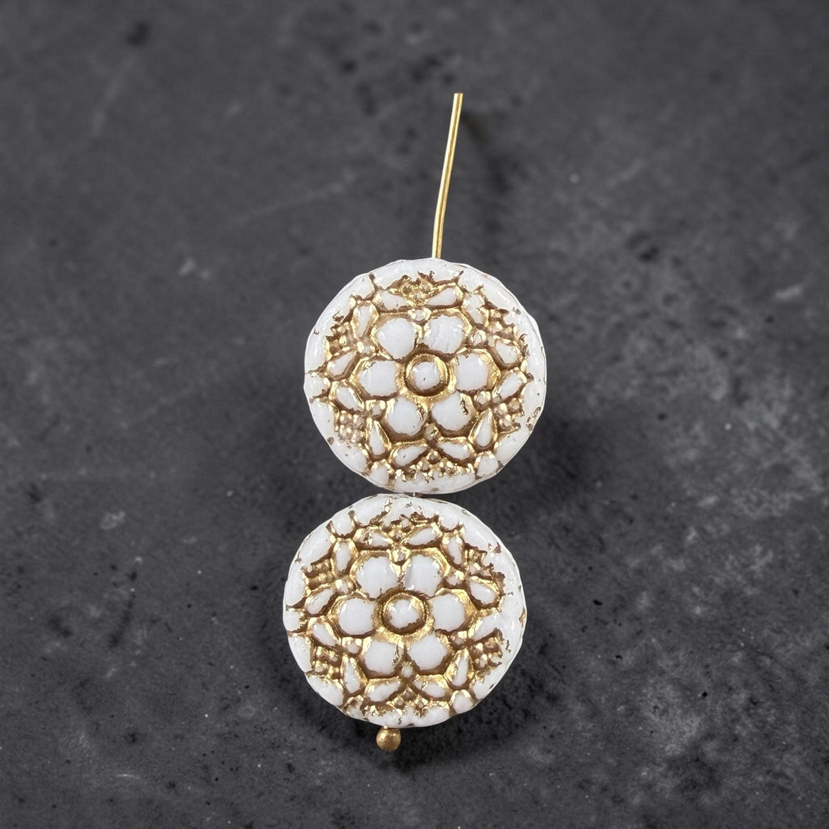Czech Glass Beads - 18mm Coin with Floral Design, White with Gold Wash (Posy6) * Qty. 4