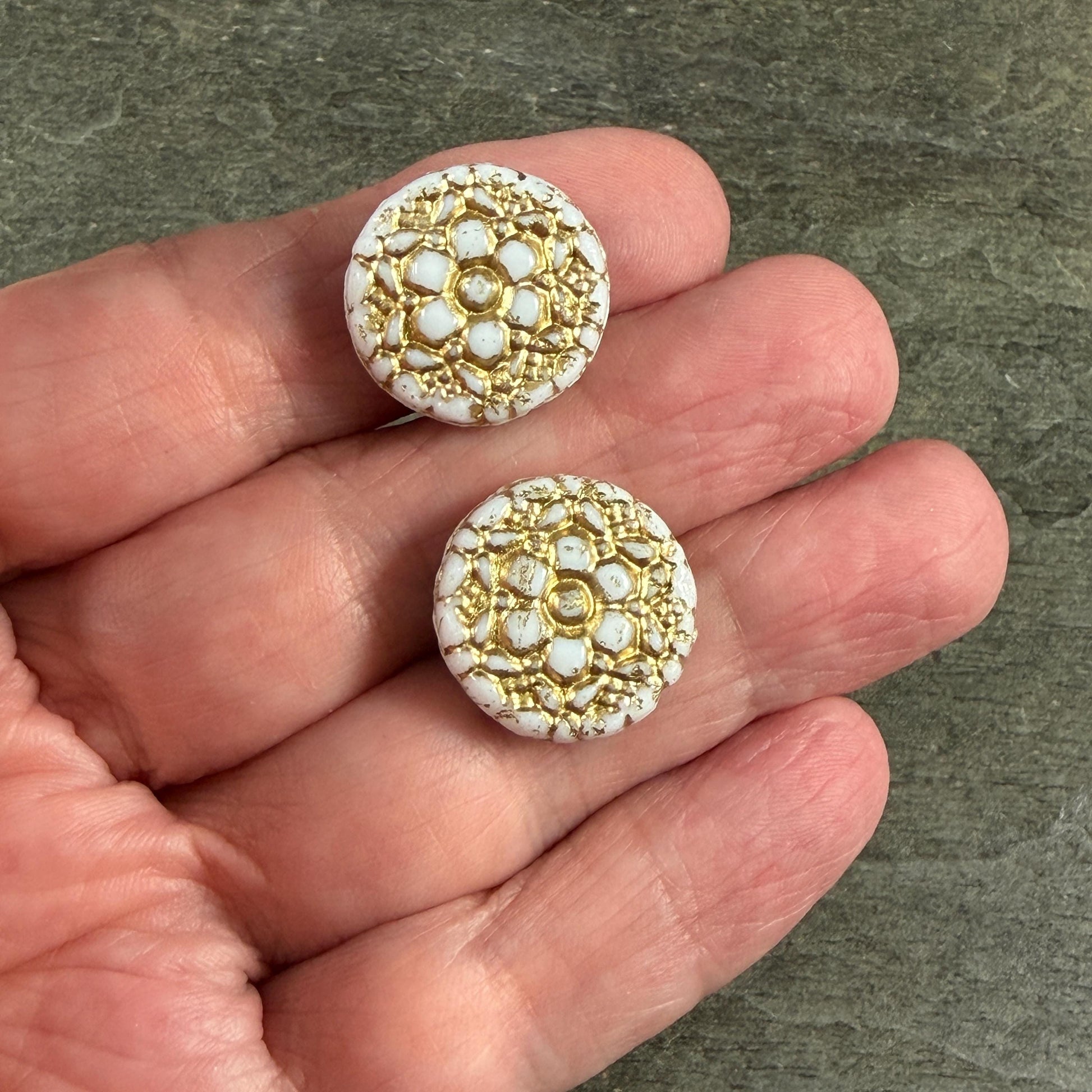 Czech Glass Beads - 18mm Coin with Floral Design, White with Gold Wash (Posy6) * Qty. 4