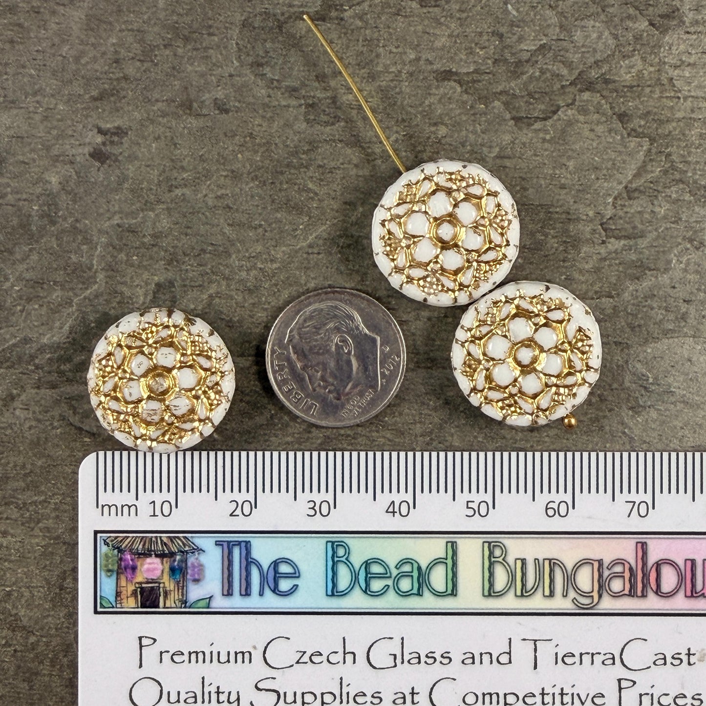 Czech Glass Beads - 18mm Coin with Floral Design, White with Gold Wash (Posy6) * Qty. 4