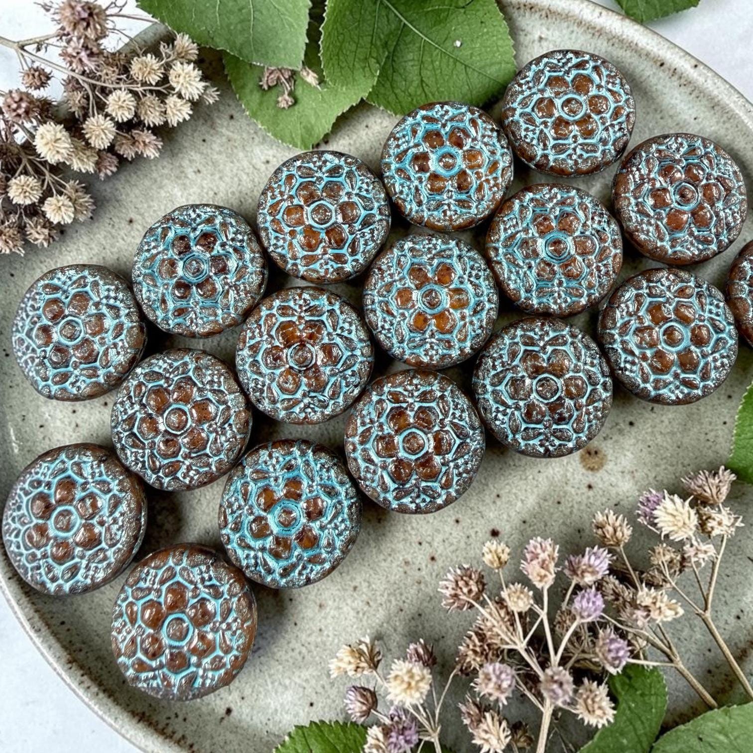 Czech Glass Beads - 18mm Floral Theme Coin, Brown with Turquoise Wash (POSY3) * Qty. 4