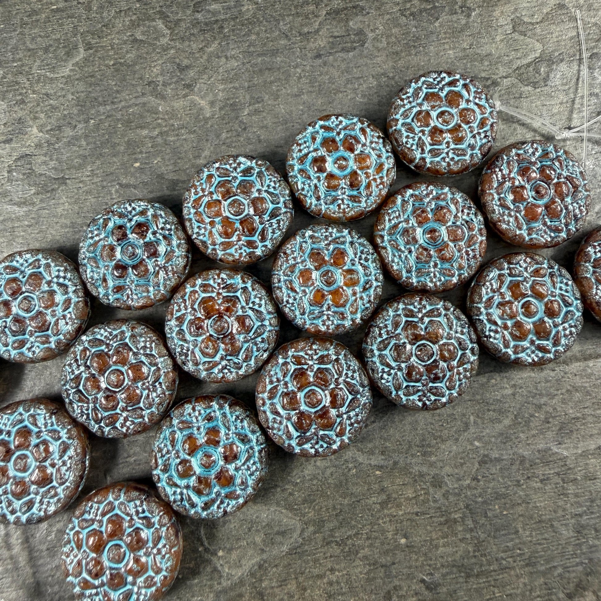 Czech Glass Beads - 18mm Floral Theme Coin, Brown with Turquoise Wash (POSY3) * Qty. 4