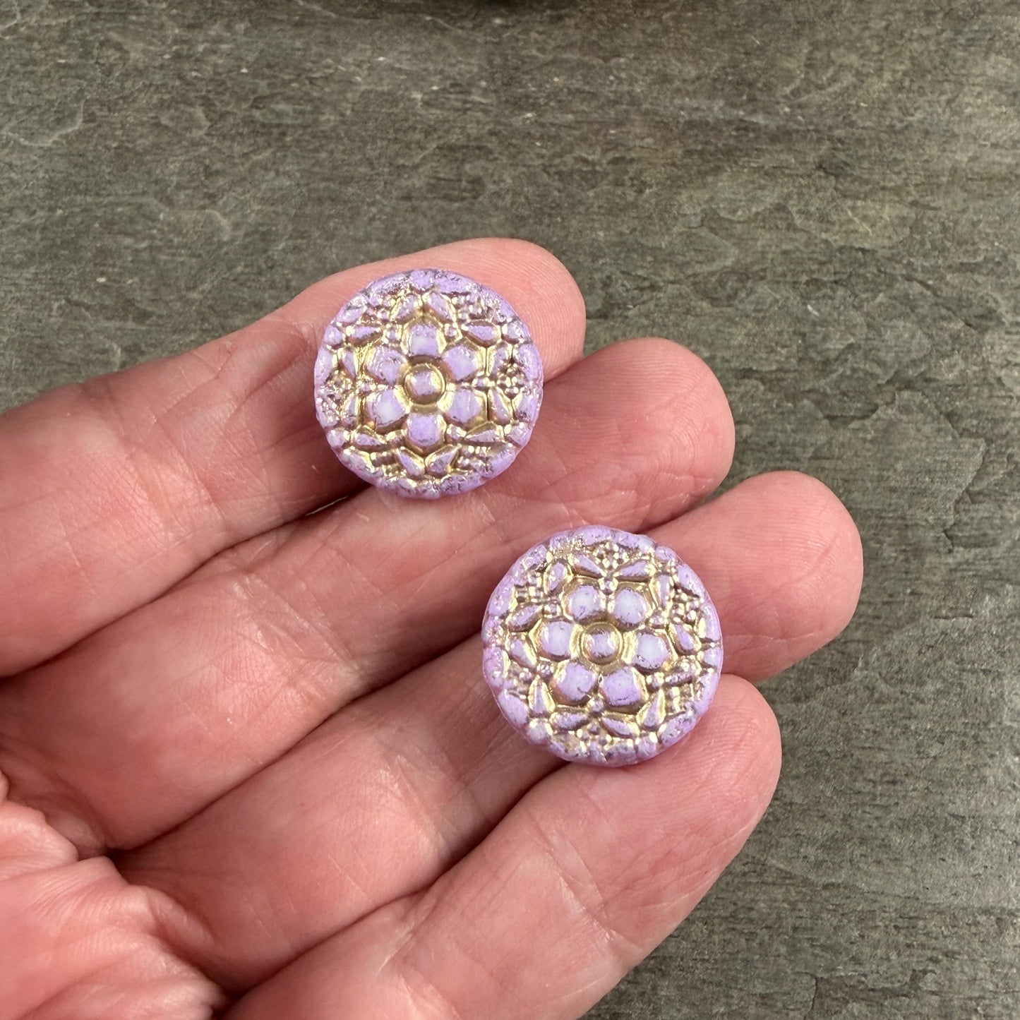 Czech Glass Beads - 18mm Floral Theme Coin, Lilac Purple with Gold Wash (POSY4) * Qty. 4