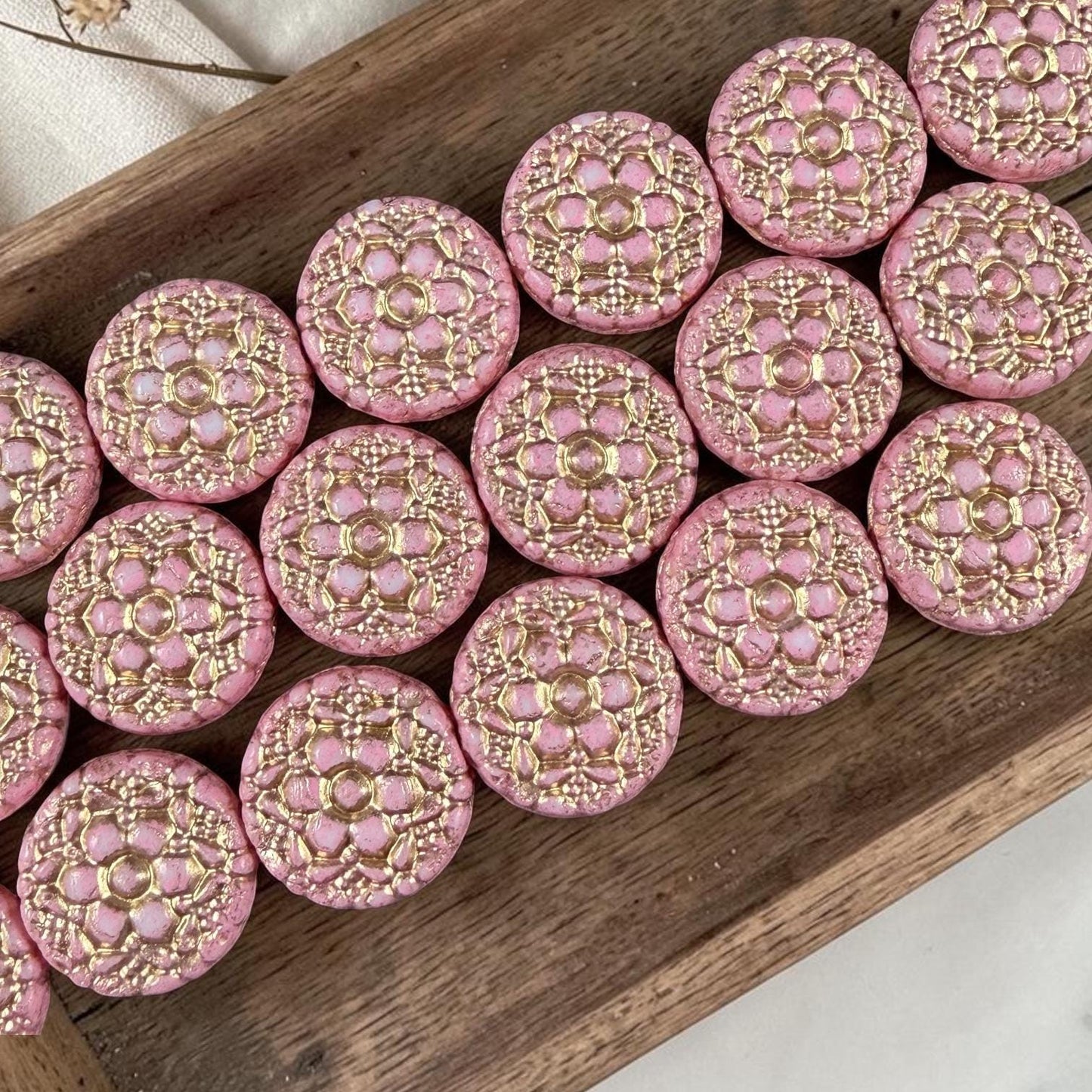 Czech Glass Beads - 18mm Floral Theme Coin, Dusty Pink with Gold Wash (POSY2) * Qty. 4