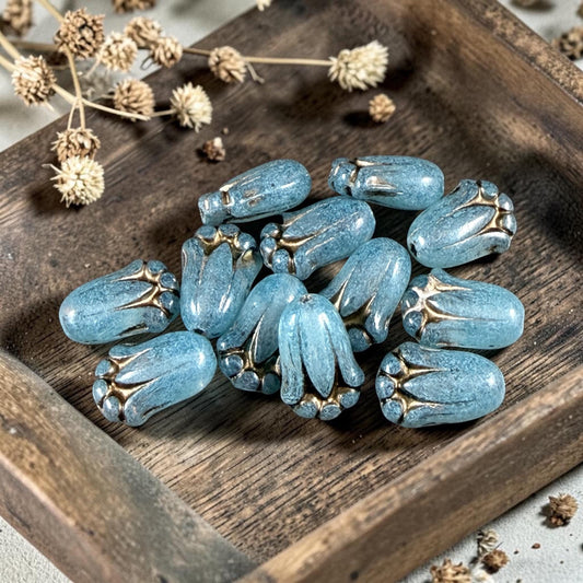 Aqua Blue Opaline Flower with Bronze Wash, Czech Glass Beads, 12x8mm Lily Bud Flower, Aqua Blue Flower Bead (LBud1) Czech Flower * Qty. 12