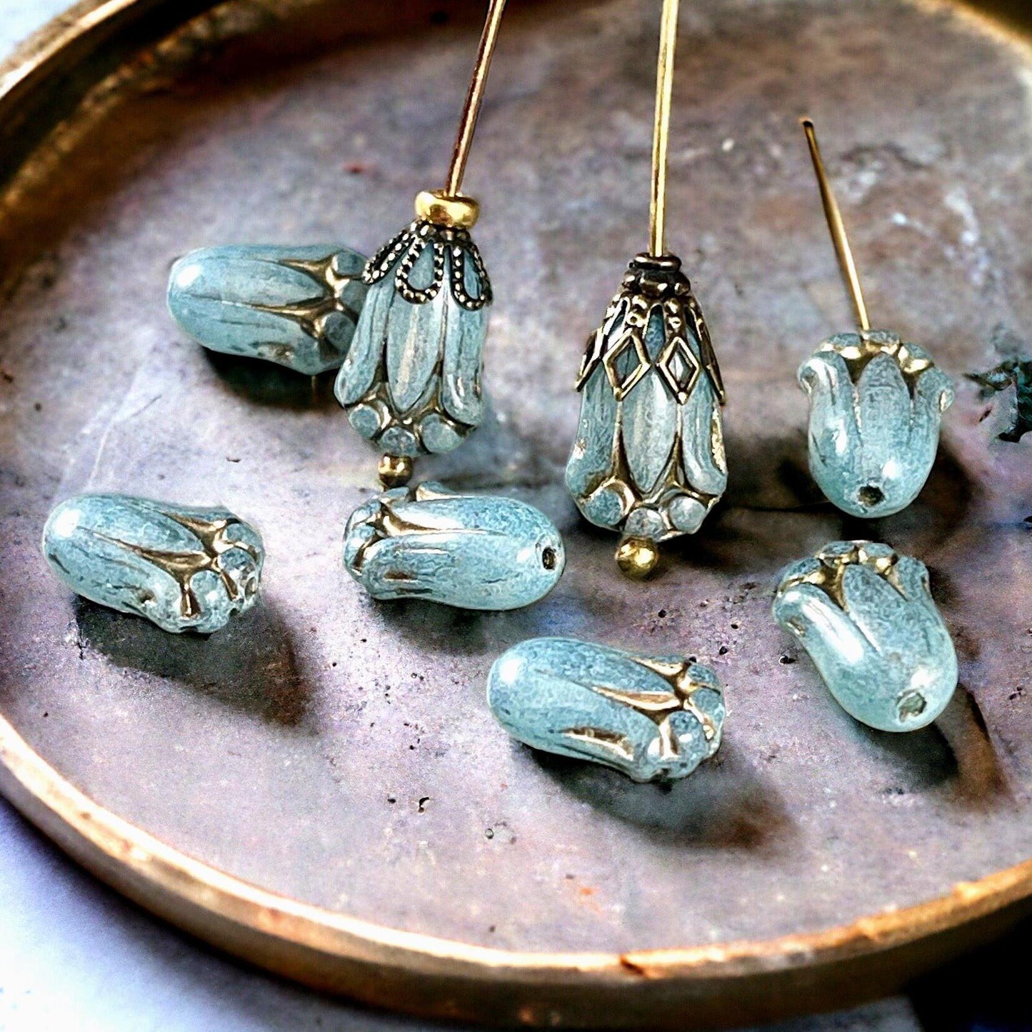 Aqua Blue Opaline Flower with Bronze Wash, Czech Glass Beads, 12x8mm Lily Bud Flower, Aqua Blue Flower Bead (LBud1) Czech Flower * Qty. 12