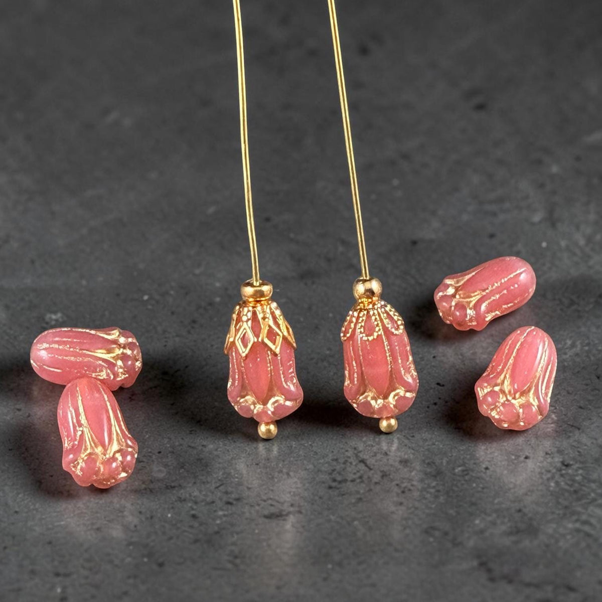 Czech Glass Beads - 12x8mm Lily Bud Flower, Coral Pink Opaline with Gold Wash (LBud59) * Qty. 12