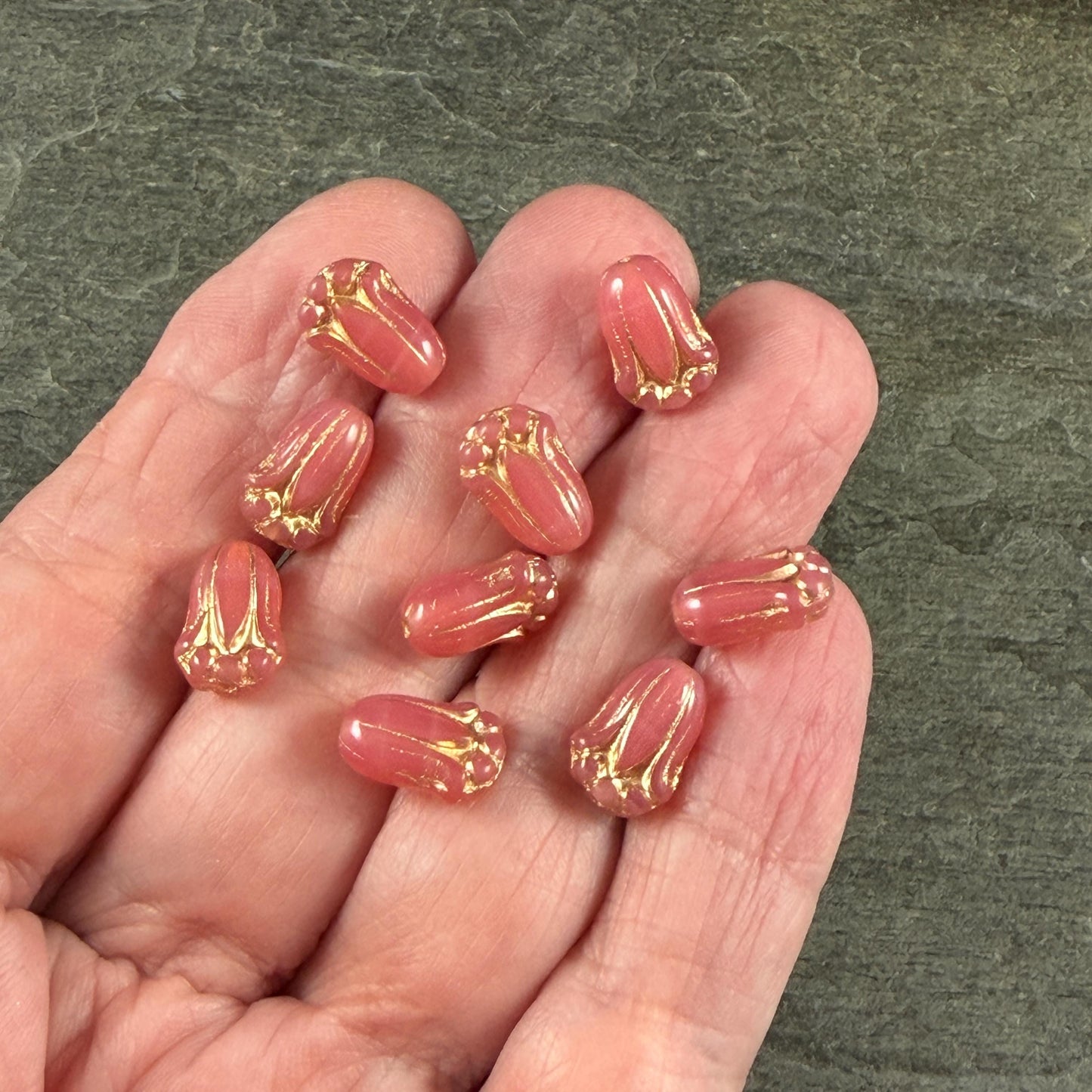 Czech Glass Beads - 12x8mm Lily Bud Flower, Coral Pink Opaline with Gold Wash (LBud59) * Qty. 12