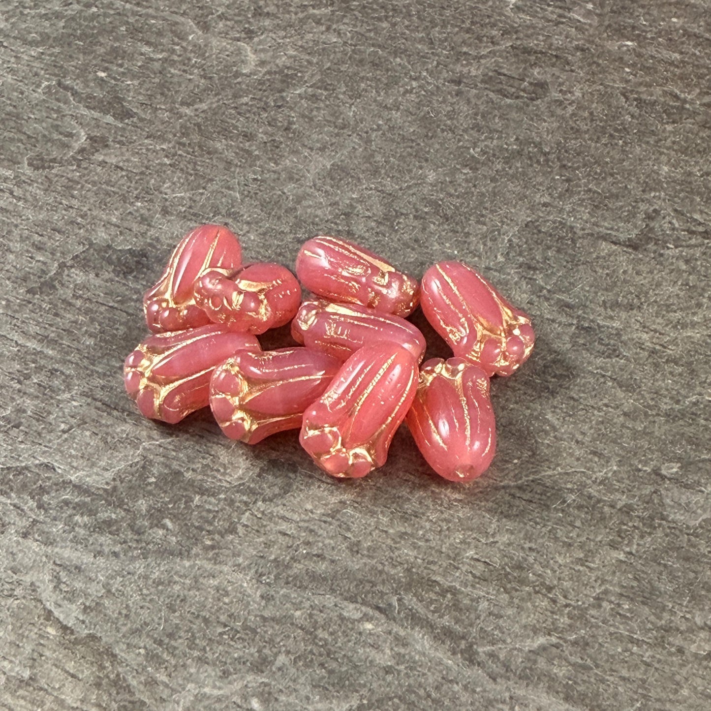 Czech Glass Beads - 12x8mm Lily Bud Flower, Coral Pink Opaline with Gold Wash (LBud59) * Qty. 12