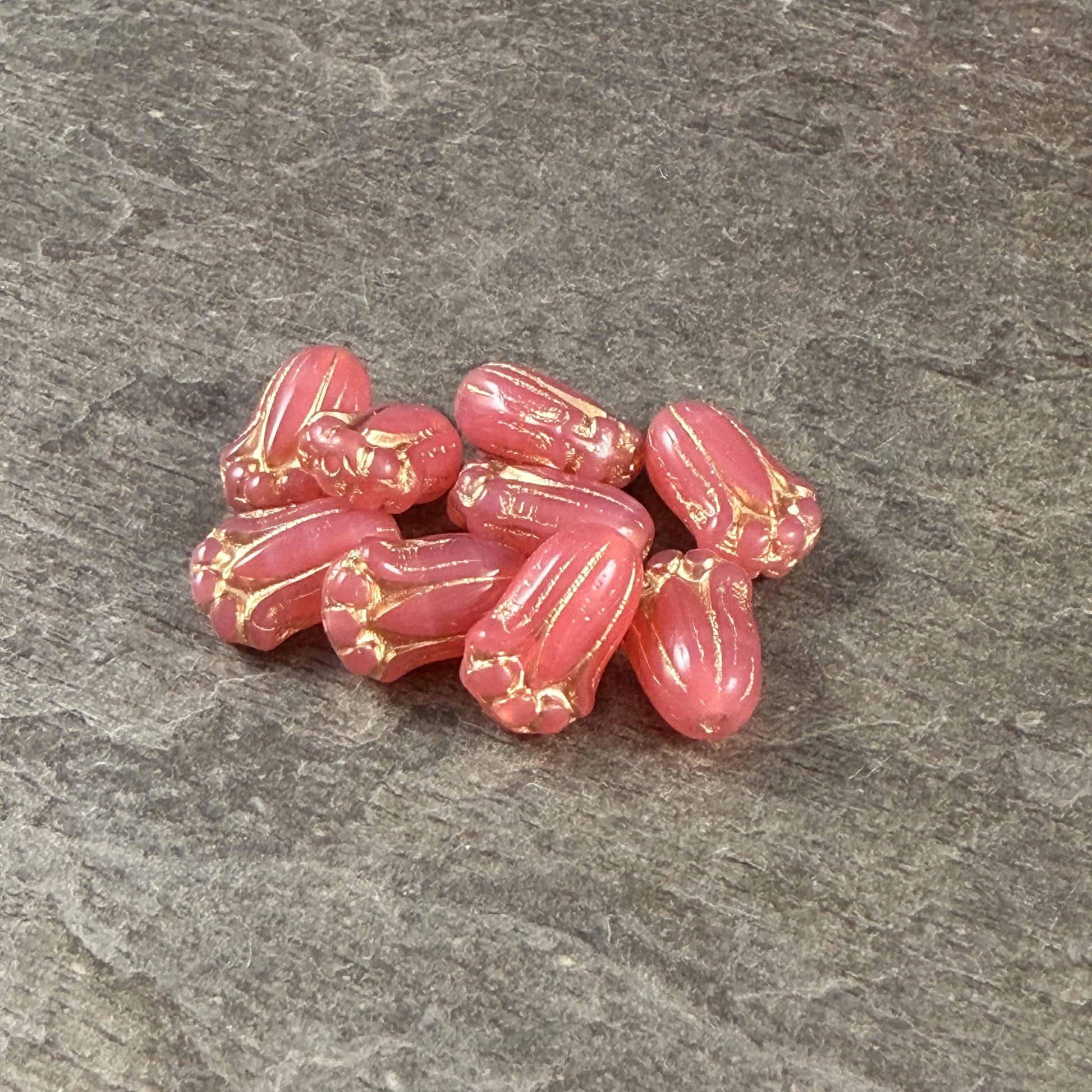 Czech Glass Beads - 12x8mm Lily Bud Flower, Coral Pink Opaline with Gold Wash (LBud59) * Qty. 12