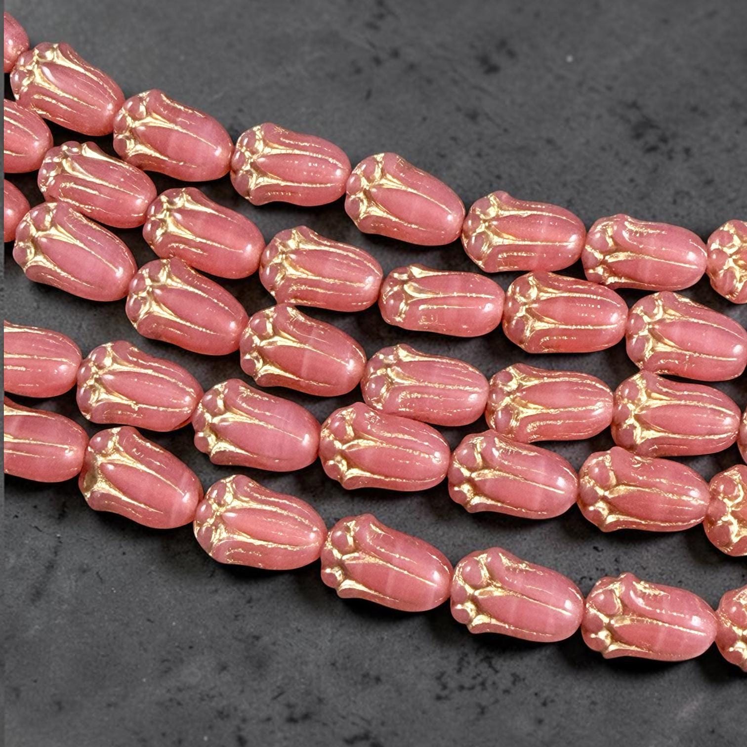 Czech Glass Beads - 12x8mm Lily Bud Flower, Coral Pink Opaline with Gold Wash (LBud59) * Qty. 12