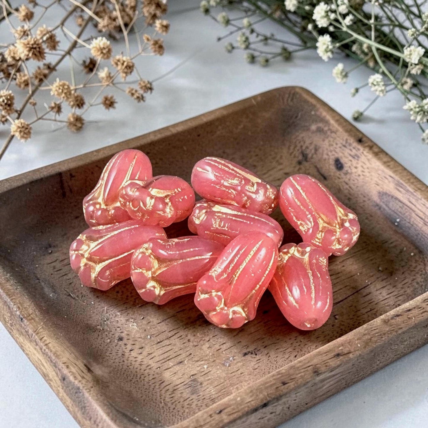 Czech Glass Beads - 12x8mm Lily Bud Flower, Coral Pink Opaline with Gold Wash (LBud59) * Qty. 12