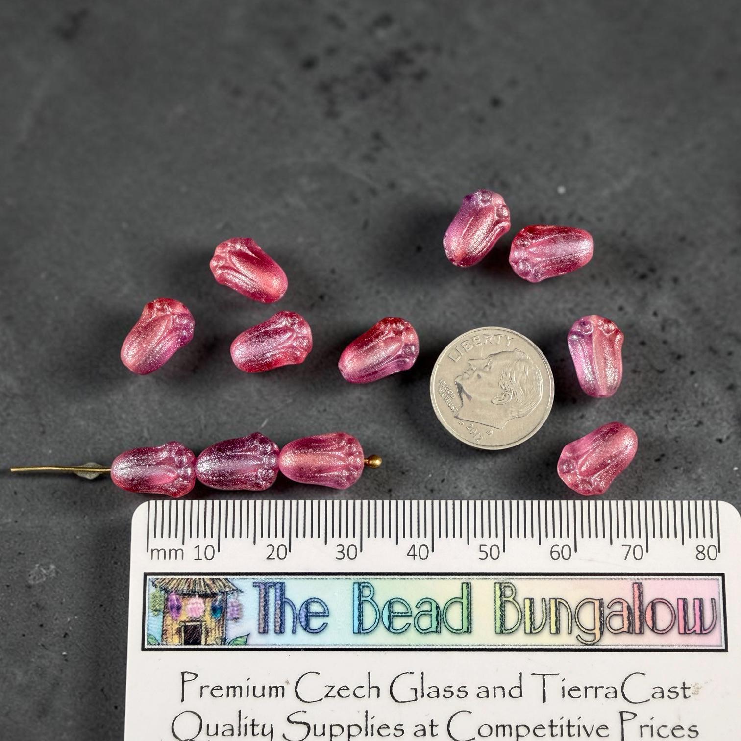 Czech Glass Beads - 12x8mm Lily Bud Flower, Fuchsia with Blue Lilac Shimmer (LBud57) * Qty. 12