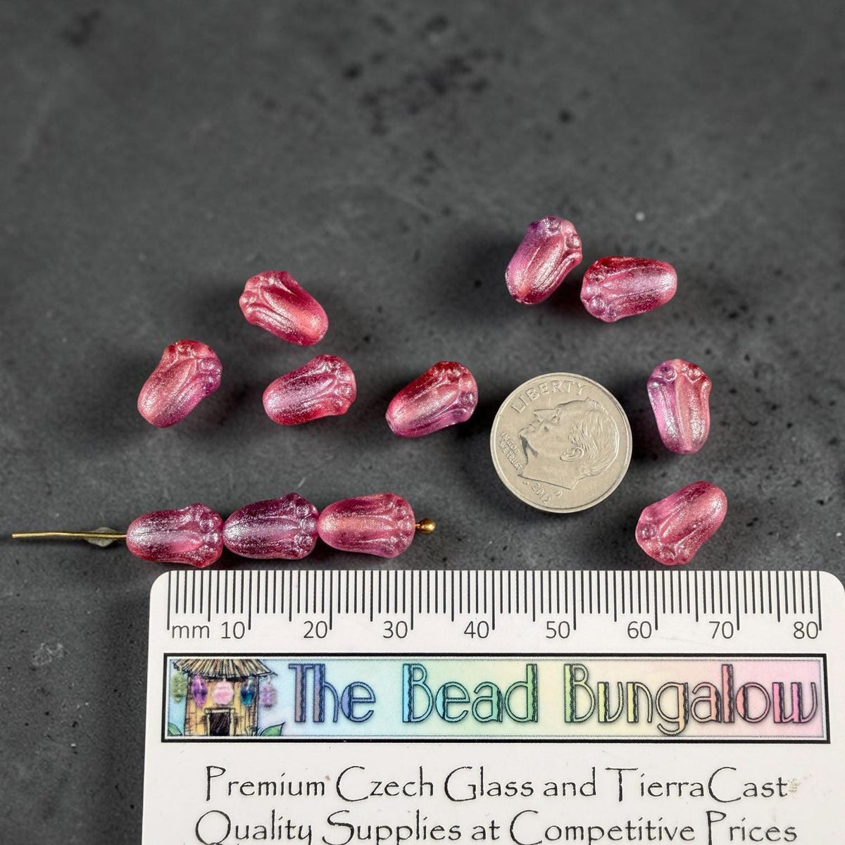 Czech Glass Beads - 12x8mm Lily Bud Flower, Fuchsia with Blue Lilac Shimmer (LBud57) * Qty. 12