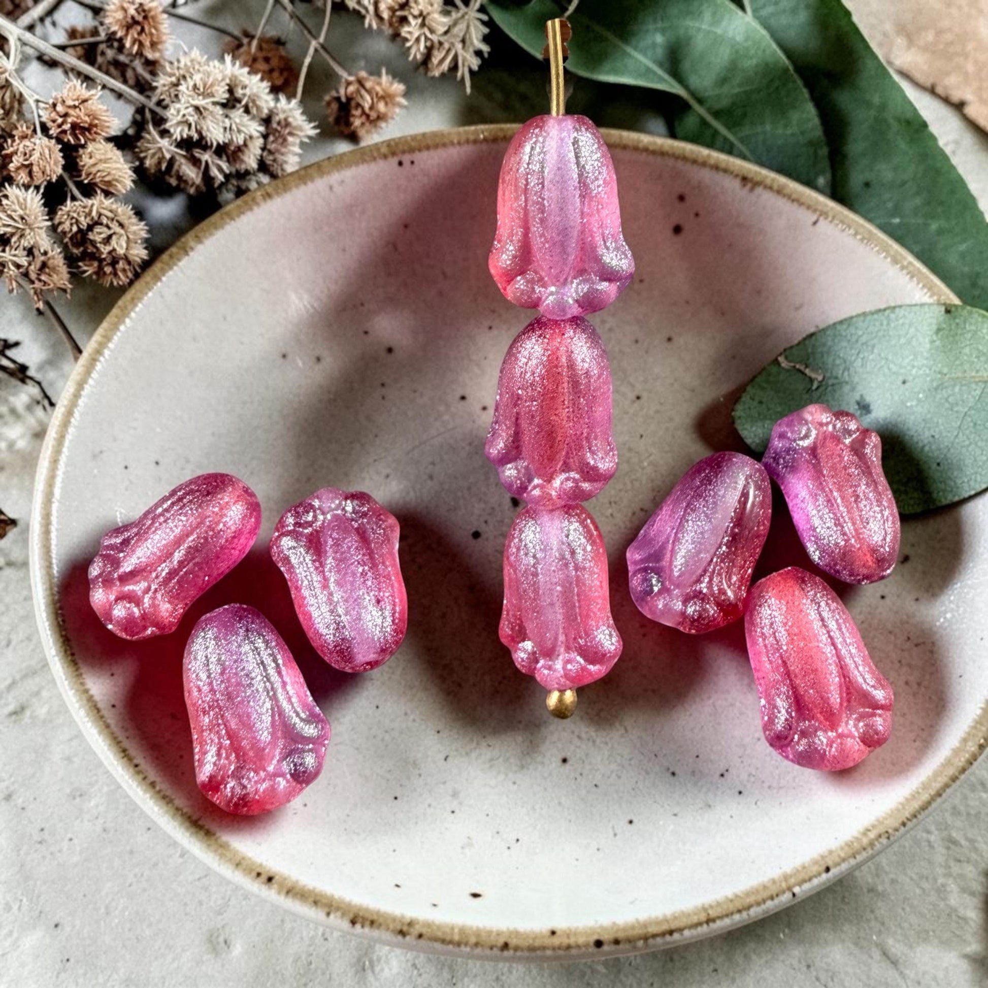 Czech Glass Beads - 12x8mm Lily Bud Flower, Fuchsia with Blue Lilac Shimmer (LBud57) * Qty. 12